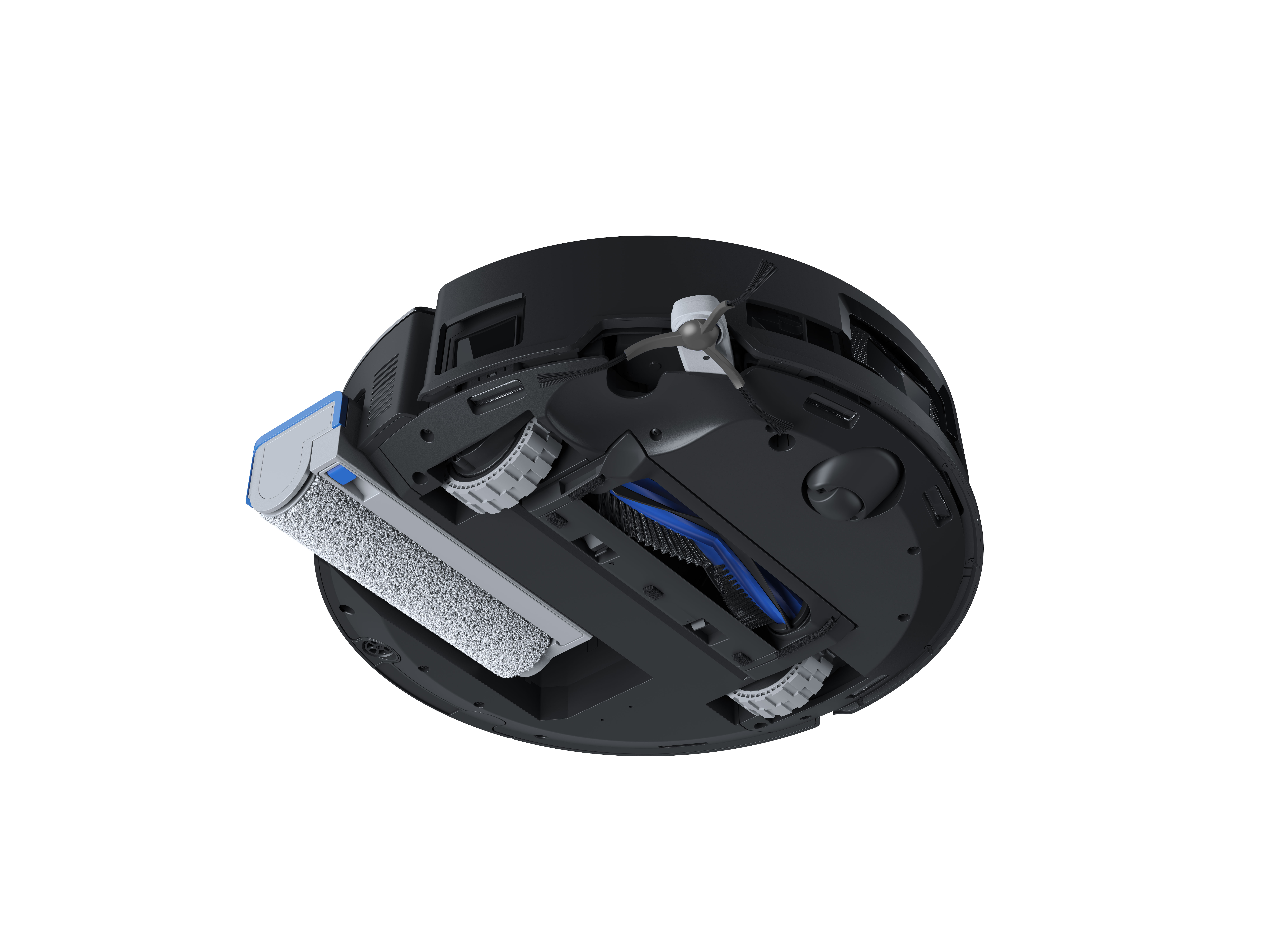 Unteransicht eines schwarz-blauen Roboter-Staubsaugers auf weißem Hintergrund.
