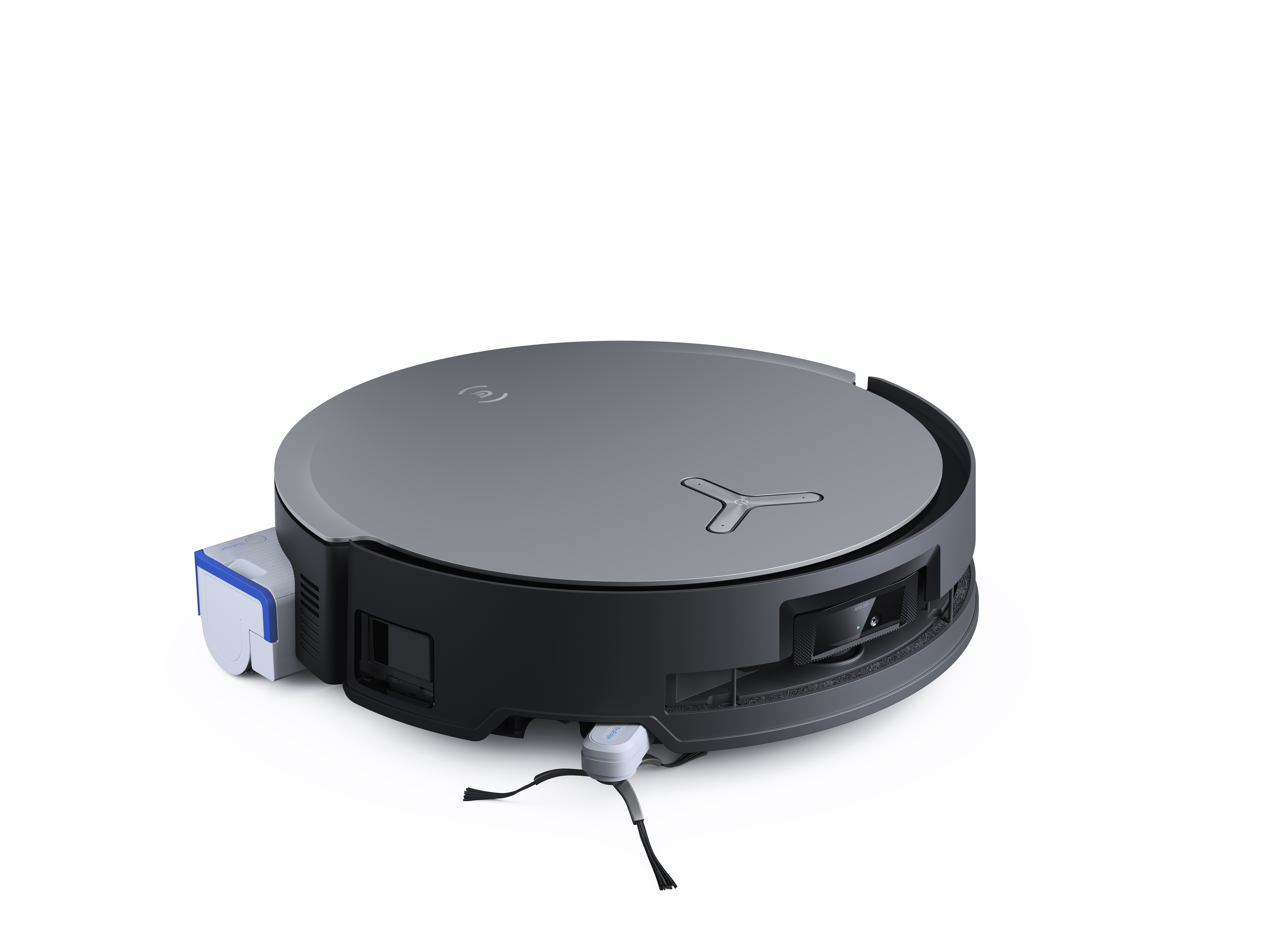 Roboter-Staubsauger, grauer Deckel, schwarzer Boden, weißer Hintergrund.