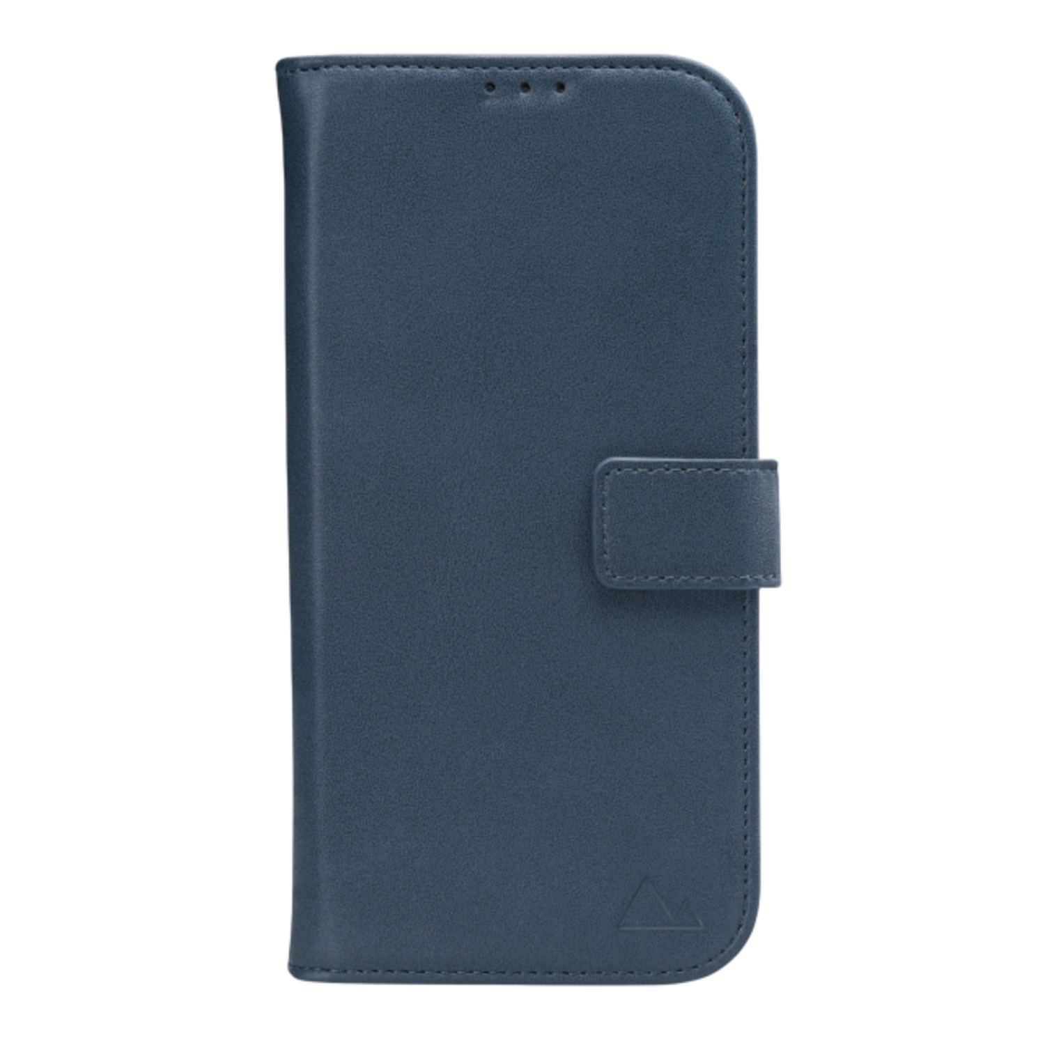 Blauwe leren telefoonhoes, gesloten, met magnetische flap en klein logo rechtsonder.