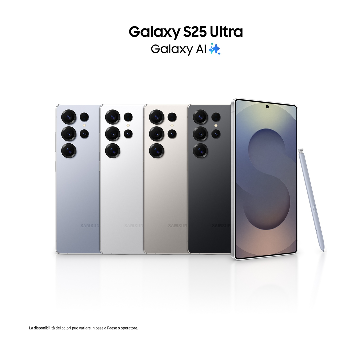 Quattro telefoni di diversi colori e uno stilo su bianco.
