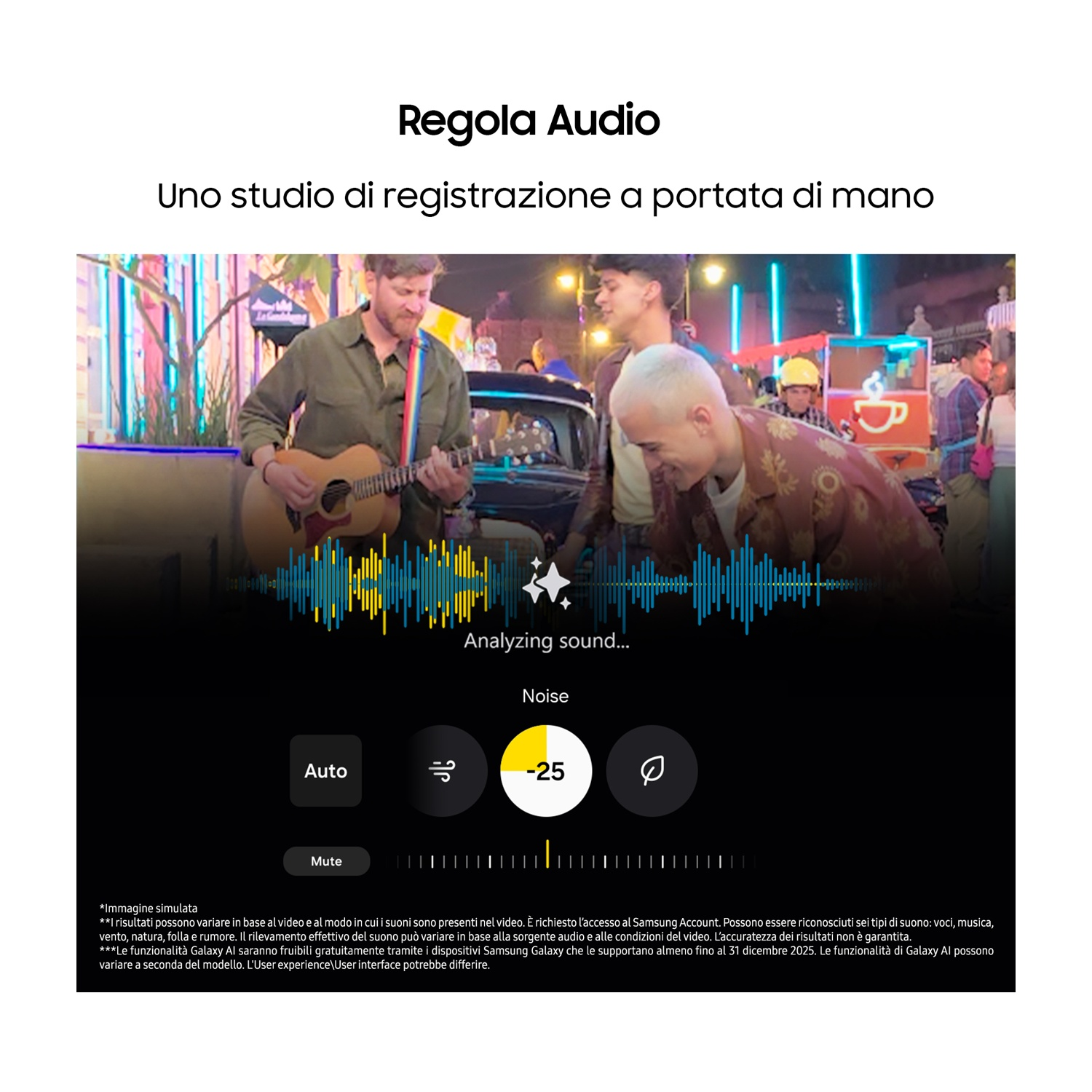 Un'interfaccia di editing audio con analisi delle onde sonore e controllo del rumore.