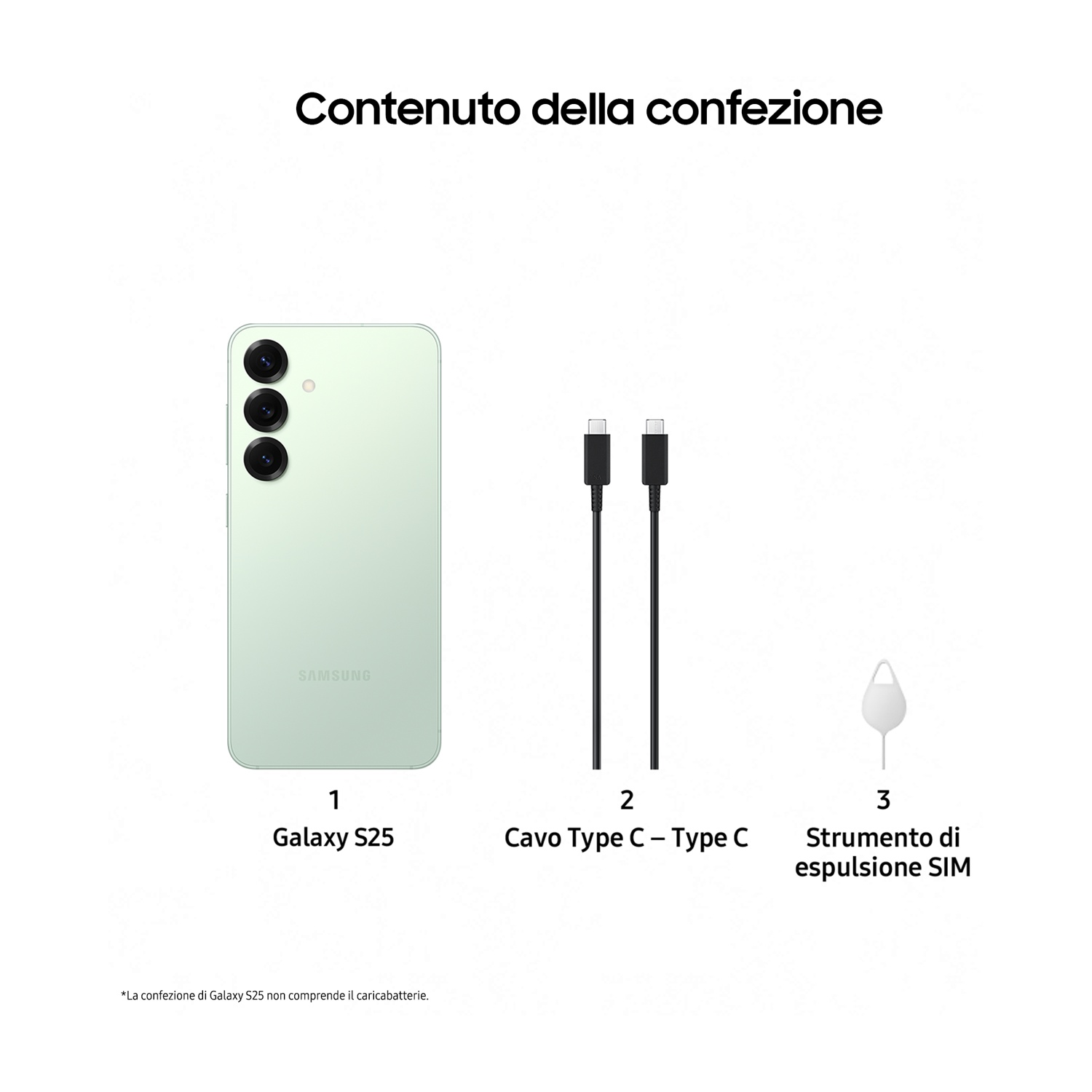 Immagine che mostra il contenuto di una scatola del telefono: telefono, cavo del caricatore e strumento di espulsione SIM.
