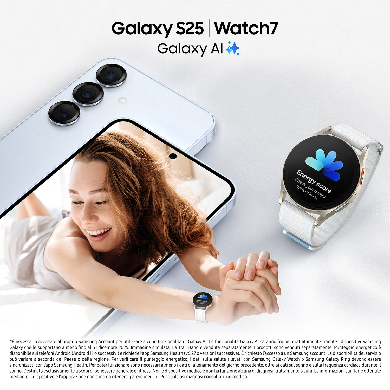 Un telefono e uno smartwatch Samsung, che promuovono la durata della batteria.