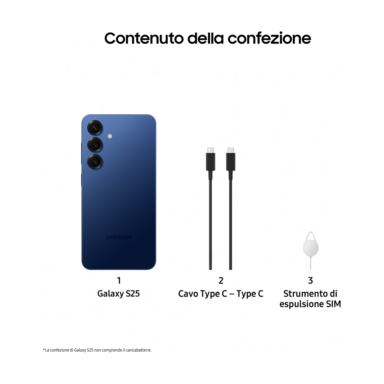 Smartphone blu, cavo di ricarica e strumento di espulsione SIM.