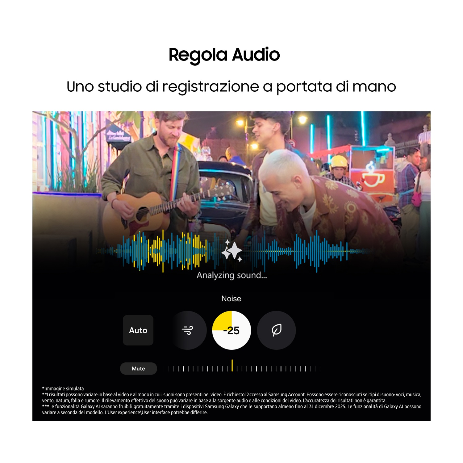 Immagine dell'interfaccia di produzione musicale che analizza il suono, con una band che suona.