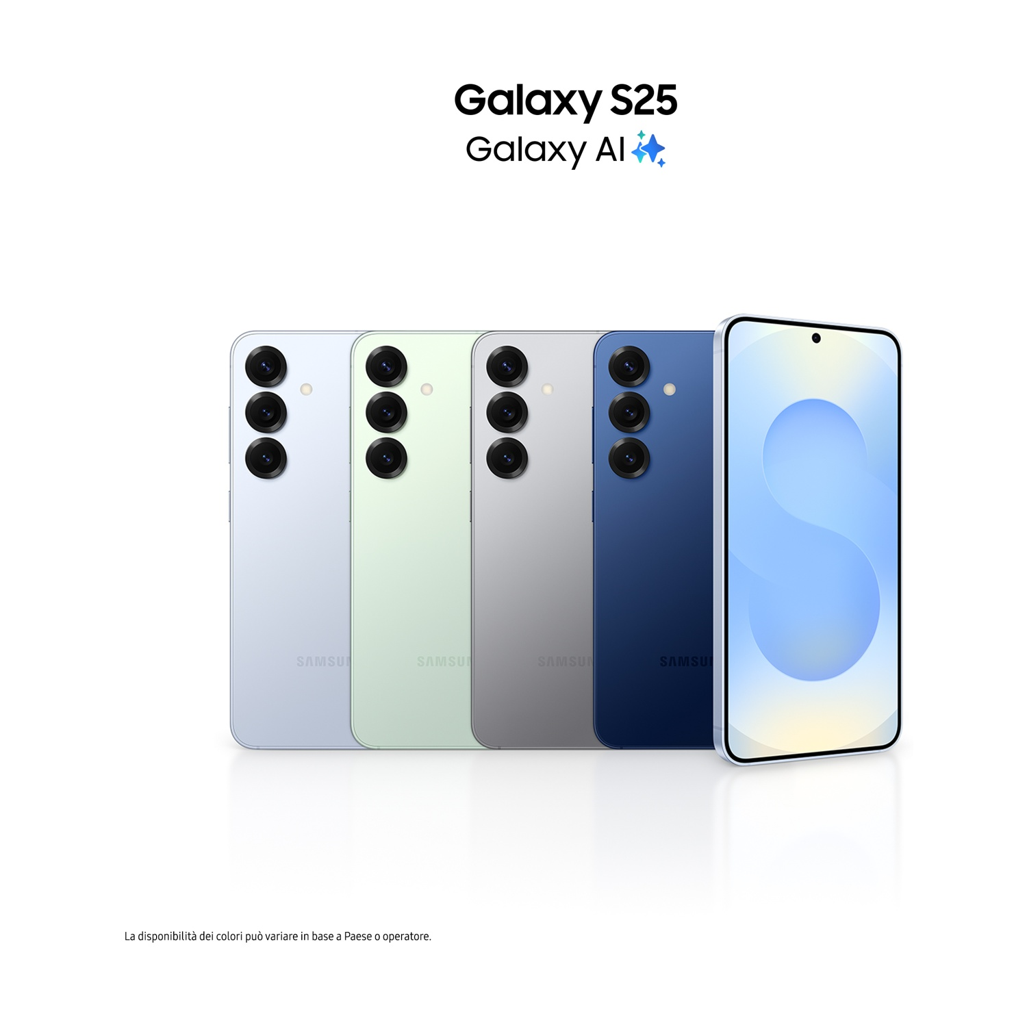 Quattro telefoni sono allineati in diversi colori. Testo: Galaxy S25, Galaxy AI.