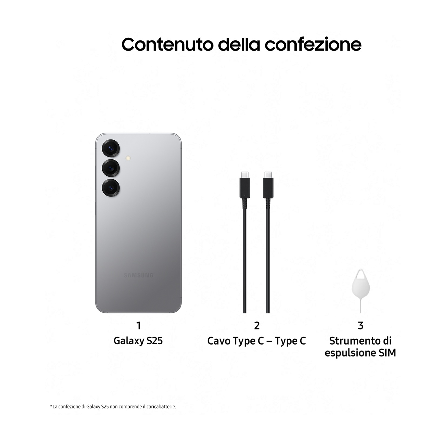 Samsung S25 argento, cavi neri e strumento di espulsione SIM su sfondo bianco.