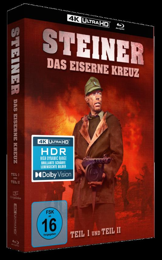 Filmcover für den Film Steiner: Das Eiserne Kreuz. Ein Soldat hält eine Waffe. Text: 4K Ultra HD.