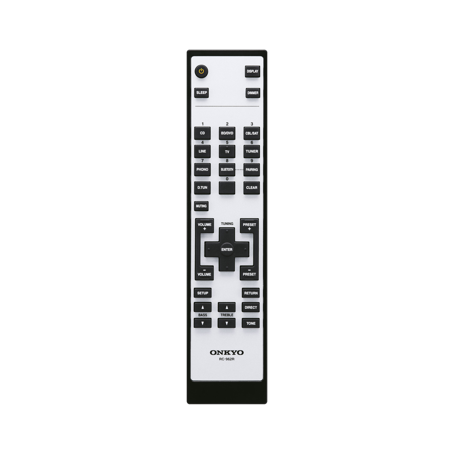 Remote control with many buttons. Onkyo Pro 802z model. Black and white design.