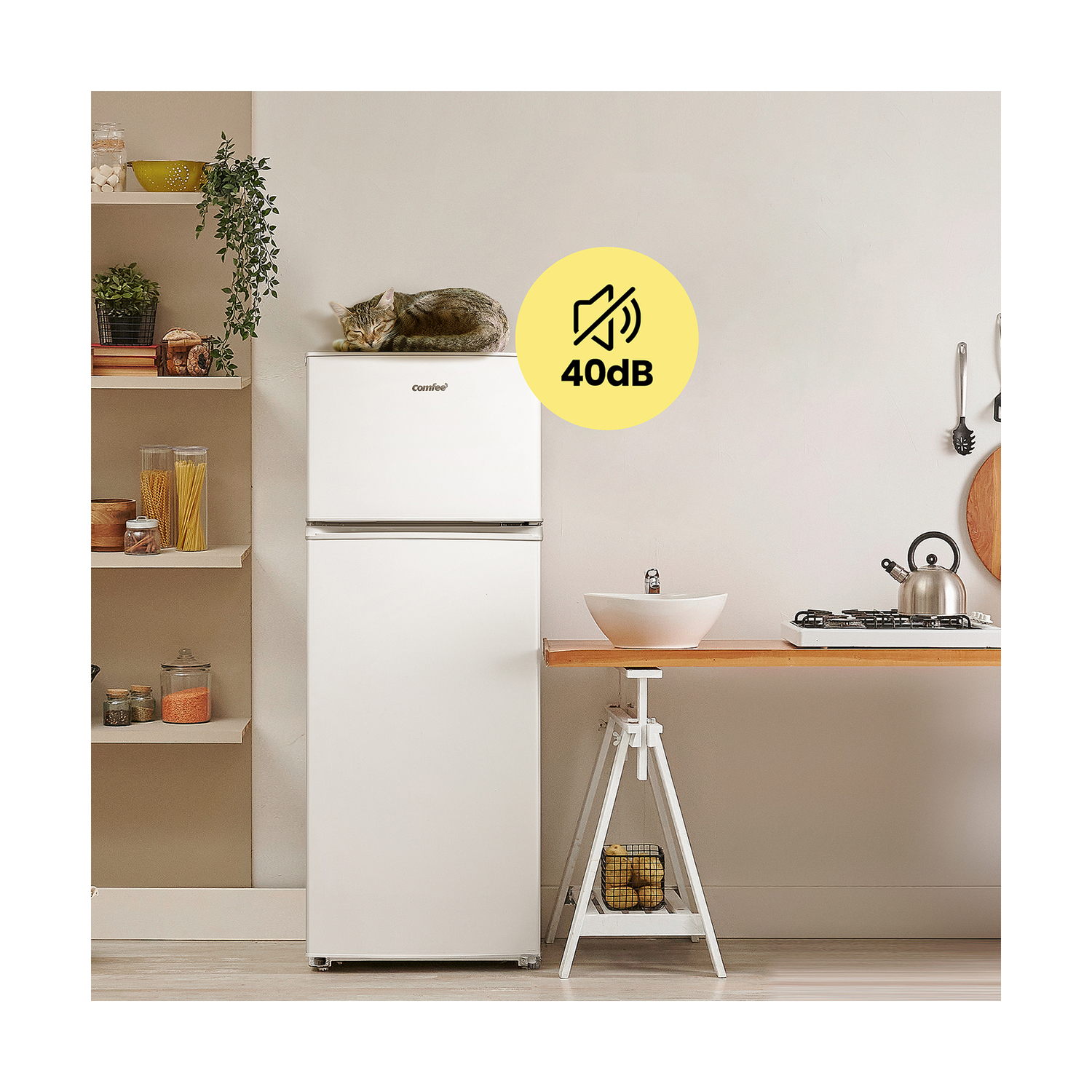 Un frigorifero bianco con un gatto sopra, in un ambiente cucina, livello di rumore 40dB.