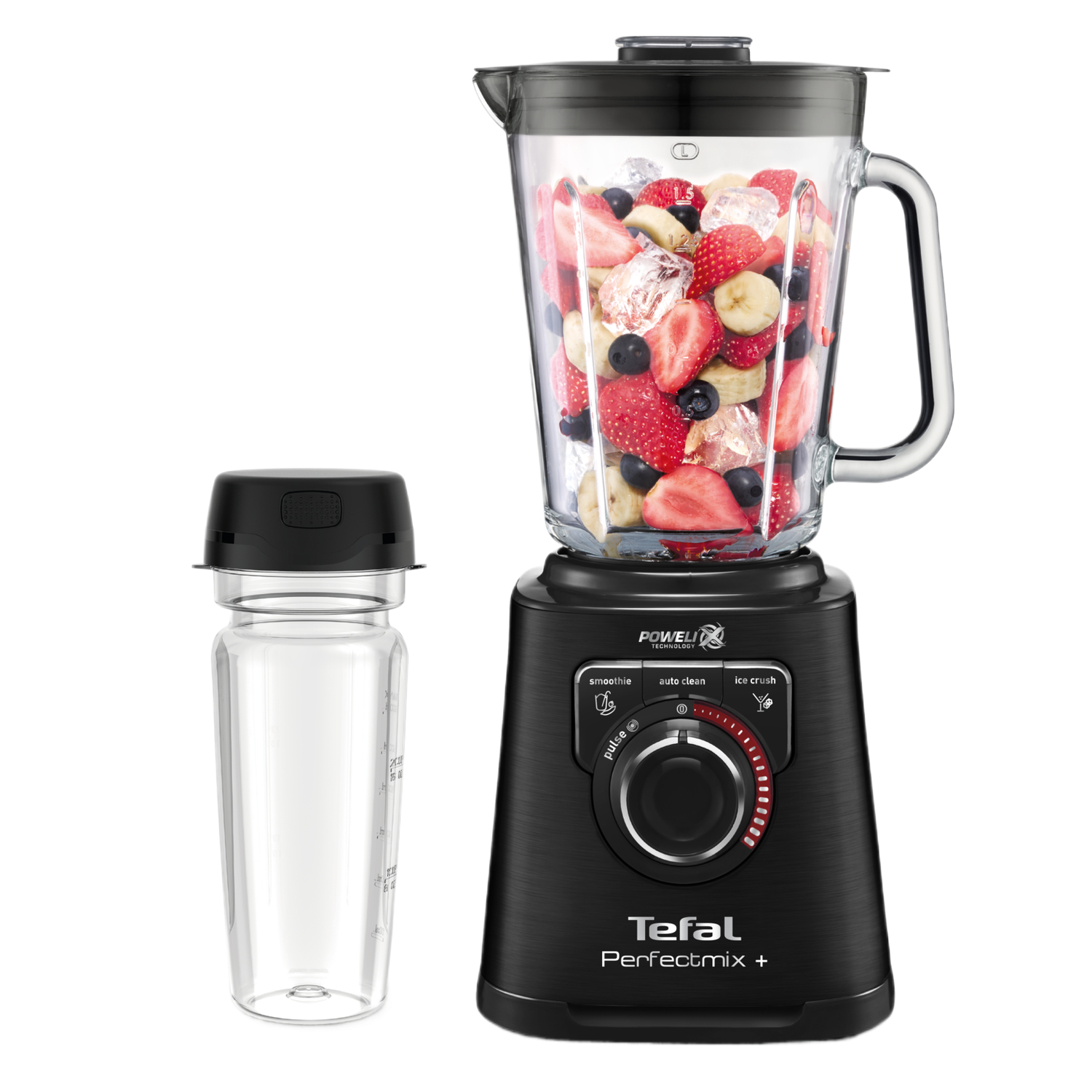 Zwarte blender met een glazen container gevuld met fruit. Een aparte fles ernaast.