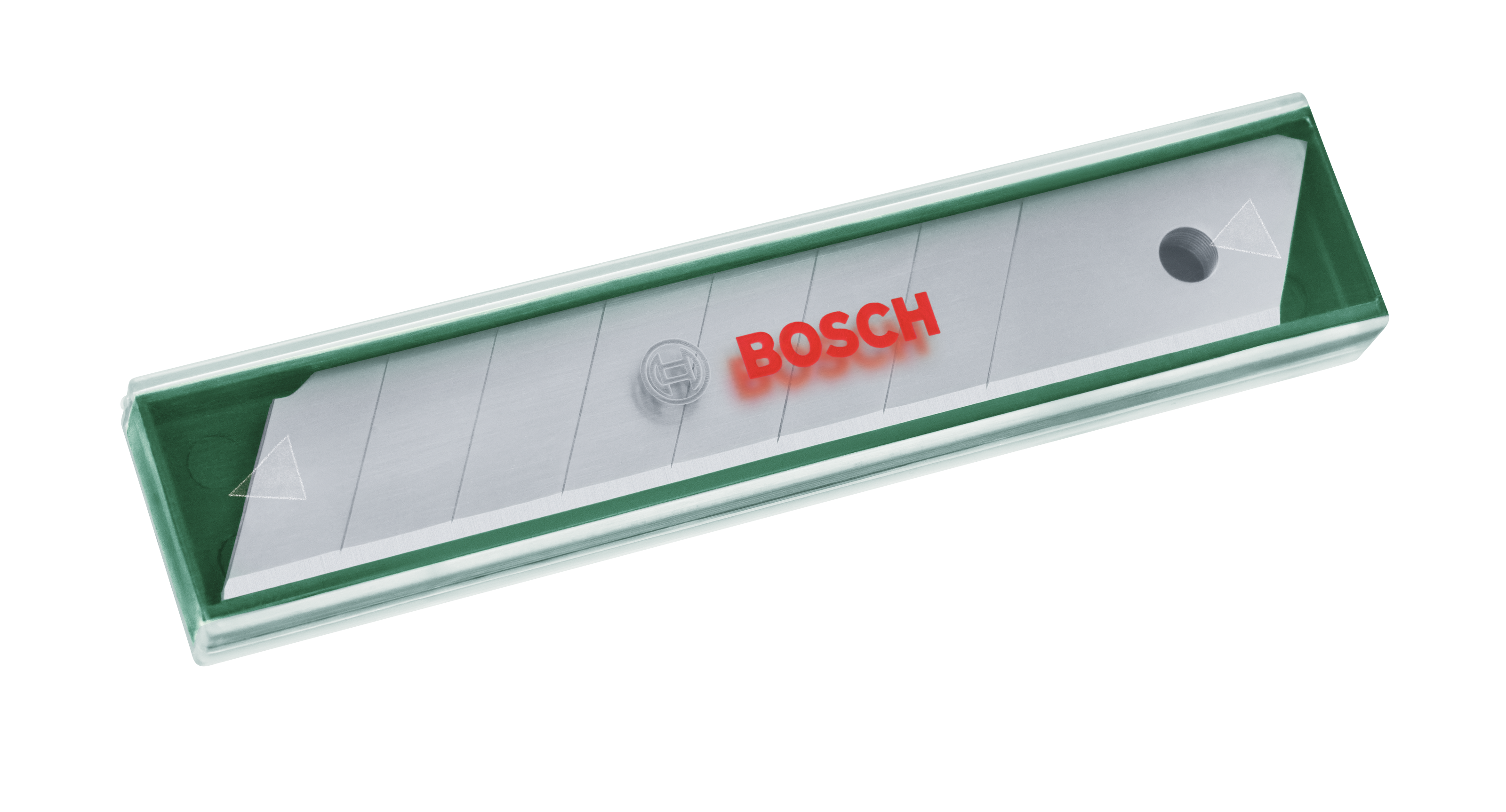 Egy zöld műanyag tok, amely egy Bosch szike pengéket tartalmaz, a Bosch logóval.