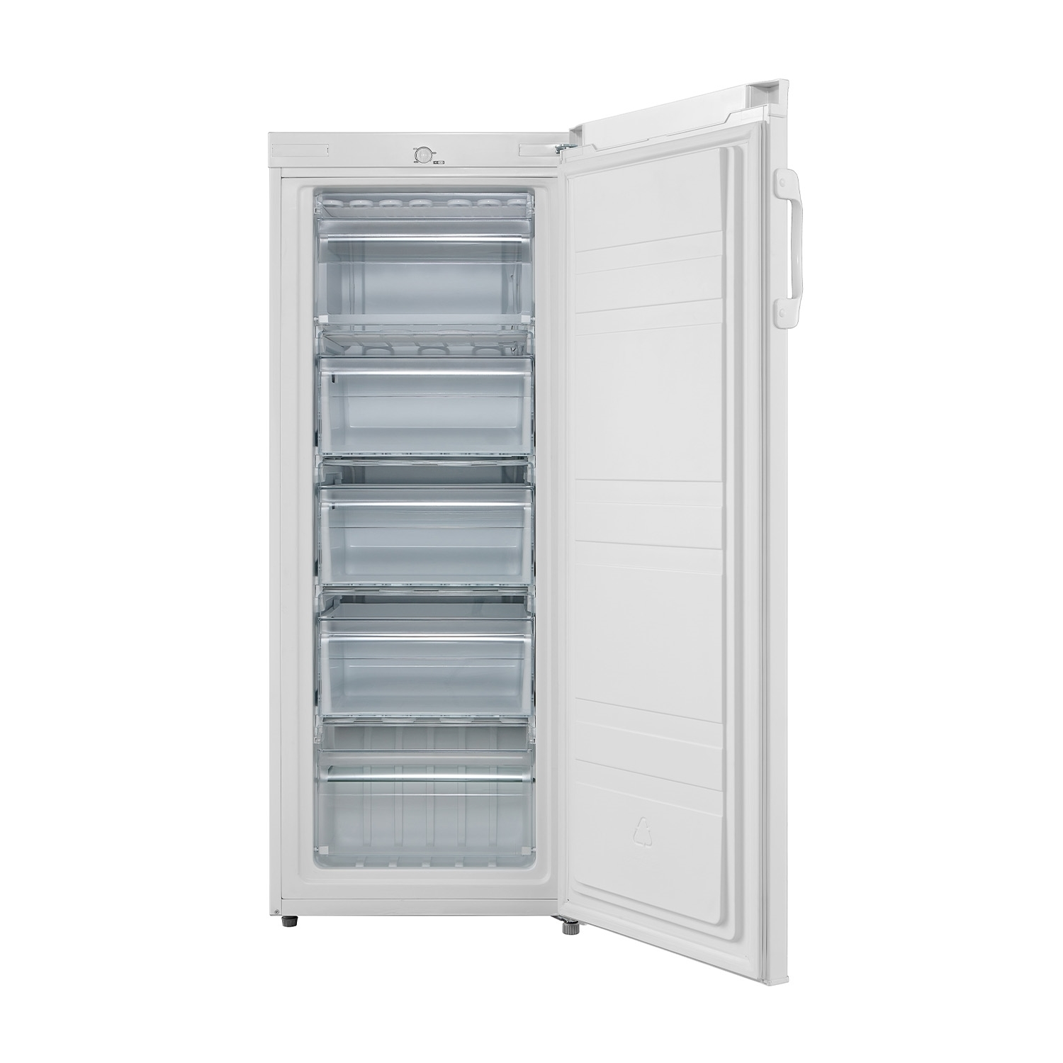 Congelatore bianco con la porta aperta, che mostra diversi cassetti trasparenti. L'interno è illuminato.