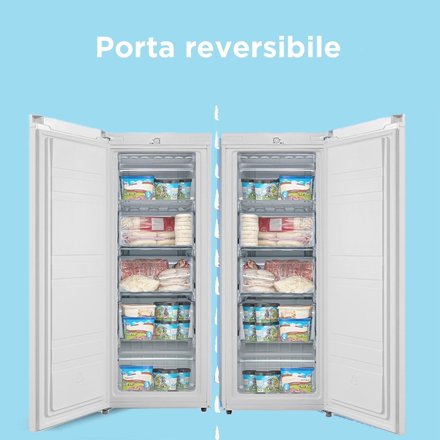 Un congelatore con entrambe le porte aperte, che mostra l'interno con gli alimenti.