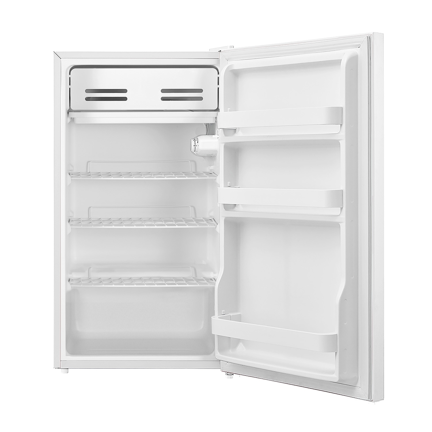 Mini frigo bianco con porta aperta, ripiani visibili, interno bianco.