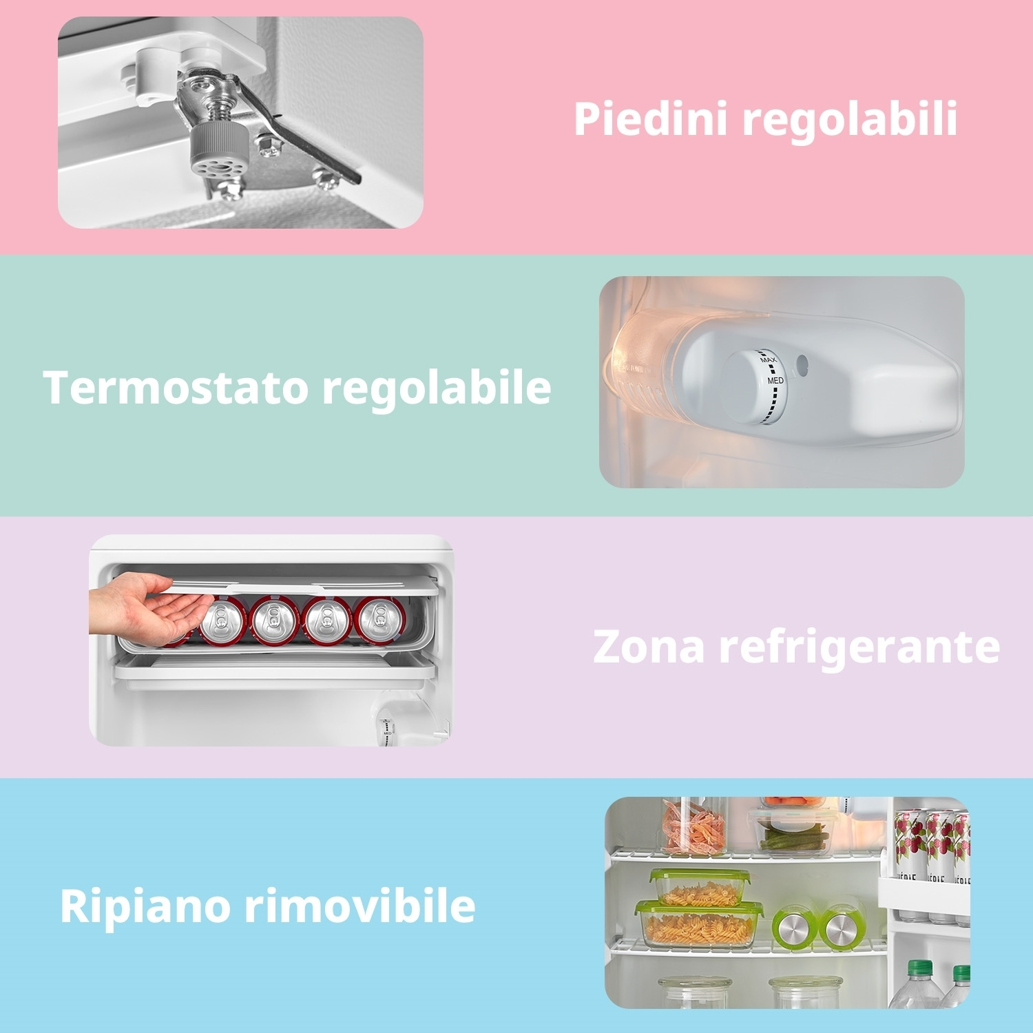 Diagramma delle caratteristiche di un frigorifero. Piedini regolabili, termostato, ripiano removibile e zona di raffreddamento mostrati.