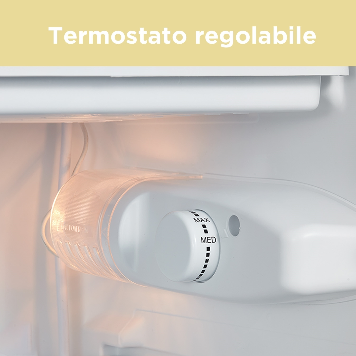 Primo piano di un termostato del frigorifero. Quadrante con impostazioni MAX, MED e MIN.