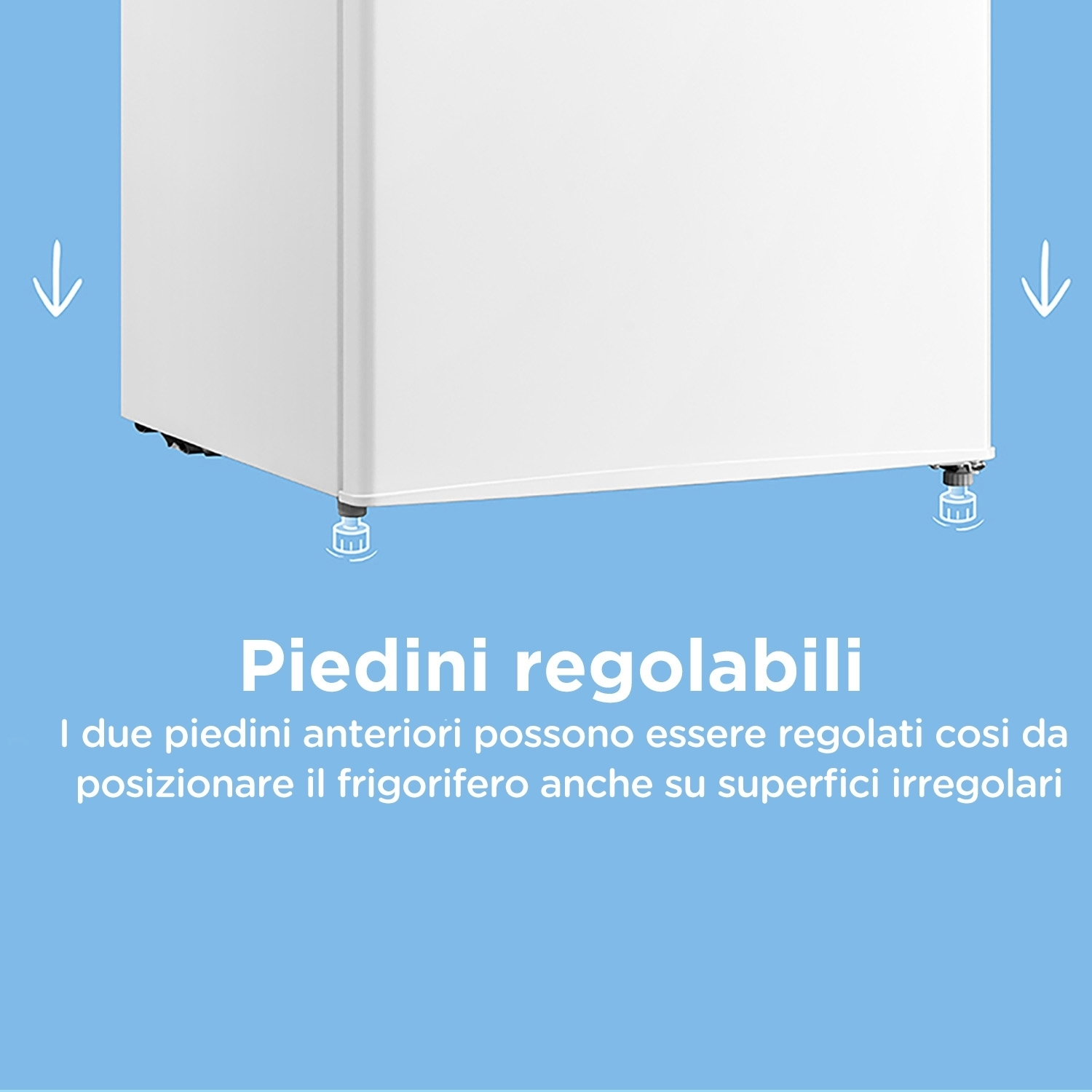 I piedi regolabili di un frigorifero bianco sono visibili. Il testo indica che i piedi possono essere regolati.