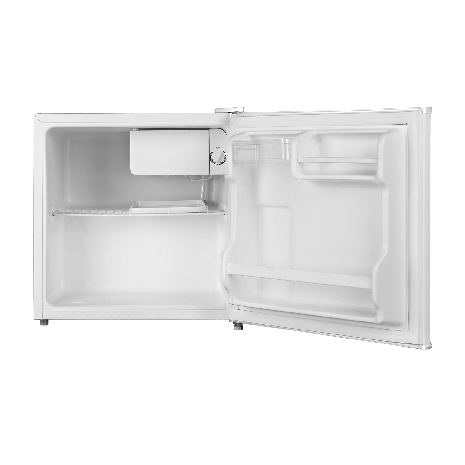 Mini-frigorifero bianco con porta aperta, con ripiani interni e fabbricatore di ghiaccio.
