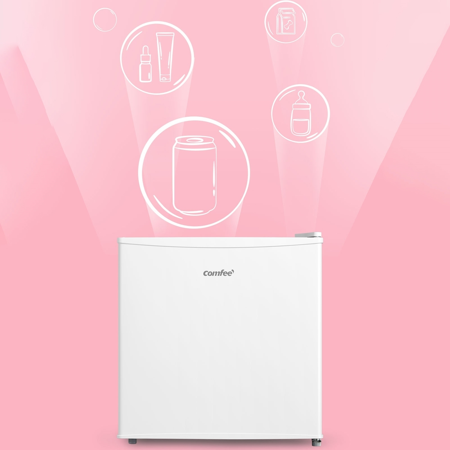Un piccolo frigorifero bianco Comfee con icone di prodotti cosmetici e un biberon.