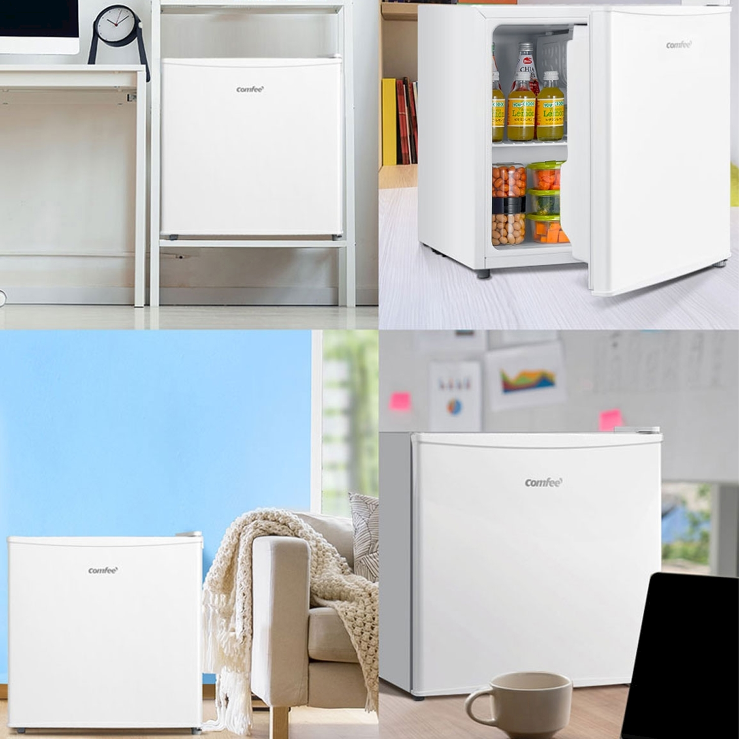Un mini-frigorifero bianco è mostrato in diverse ambientazioni.