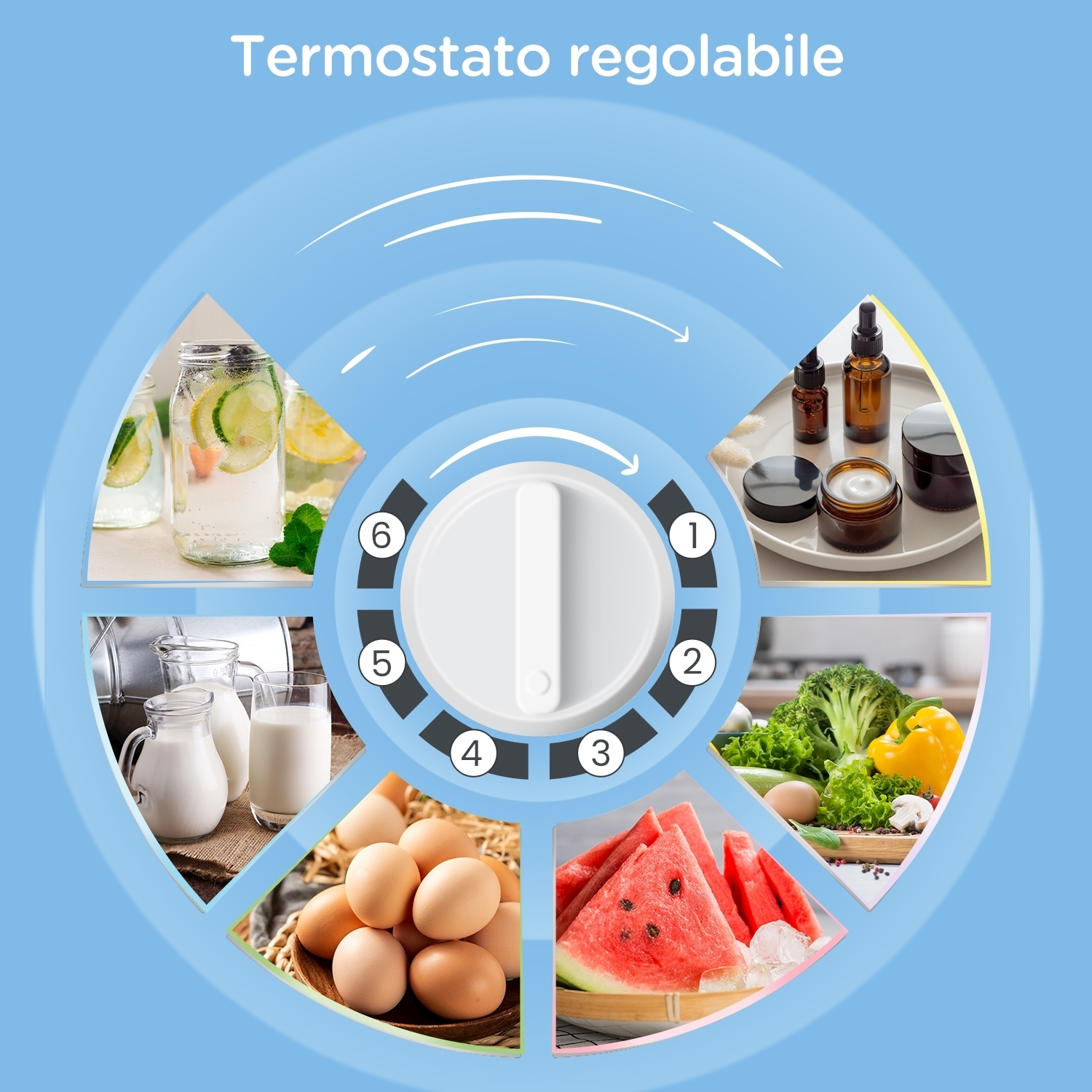 Un quadrante del termostato con diverse impostazioni e immagini di cibo e oggetti.
