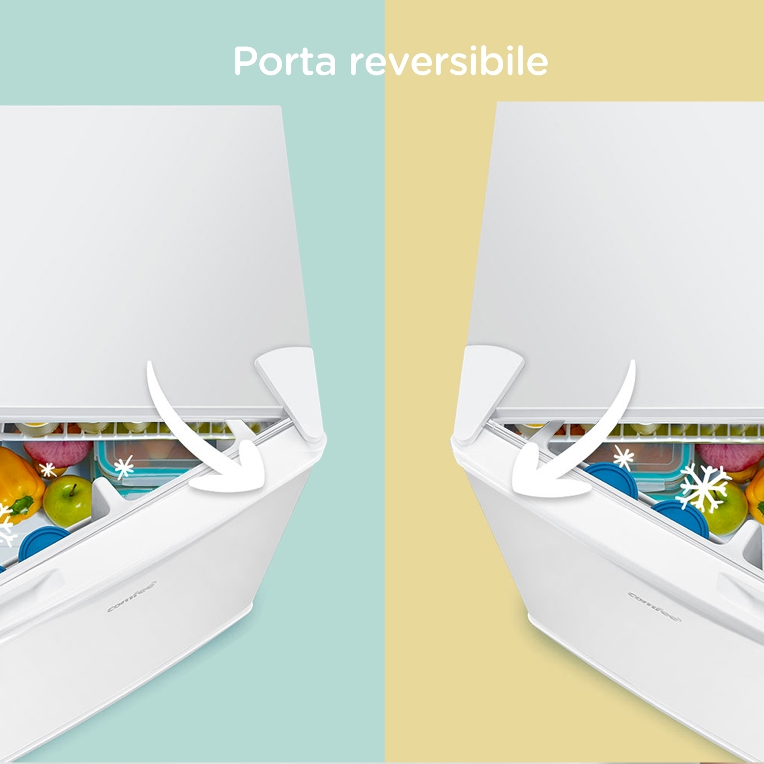 Porte del frigorifero aperte, che mostrano i compartimenti interni.
