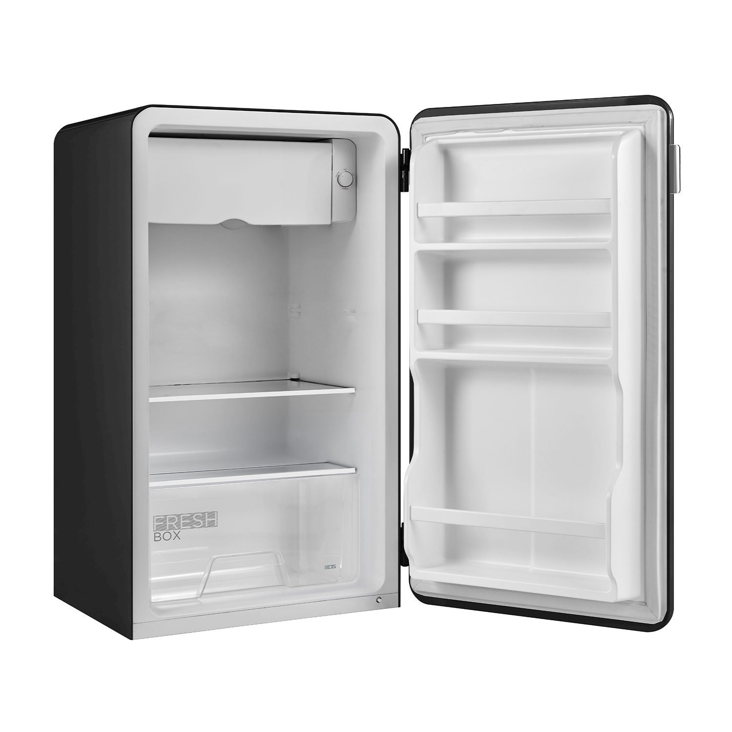 Mini frigo nero con porta aperta. Interno bianco con ripiani e un Fresh Box.
