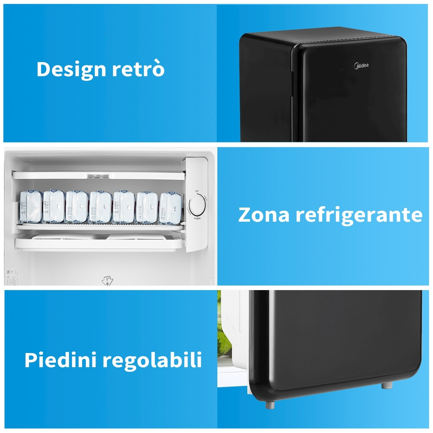 Frigorifero, con design retrò e piedini regolabili.