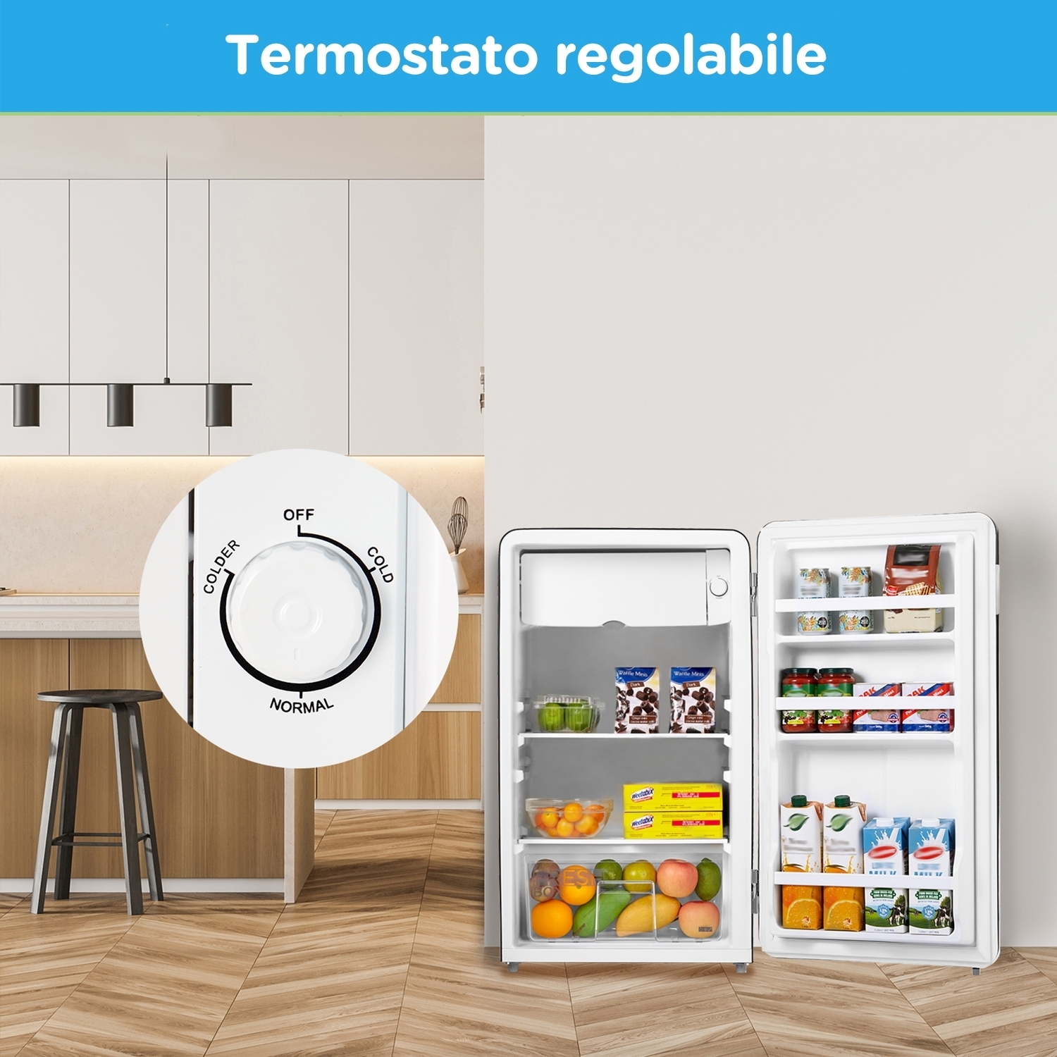 Un piccolo frigorifero con la porta aperta che mostra cibo e un quadrante della temperatura.