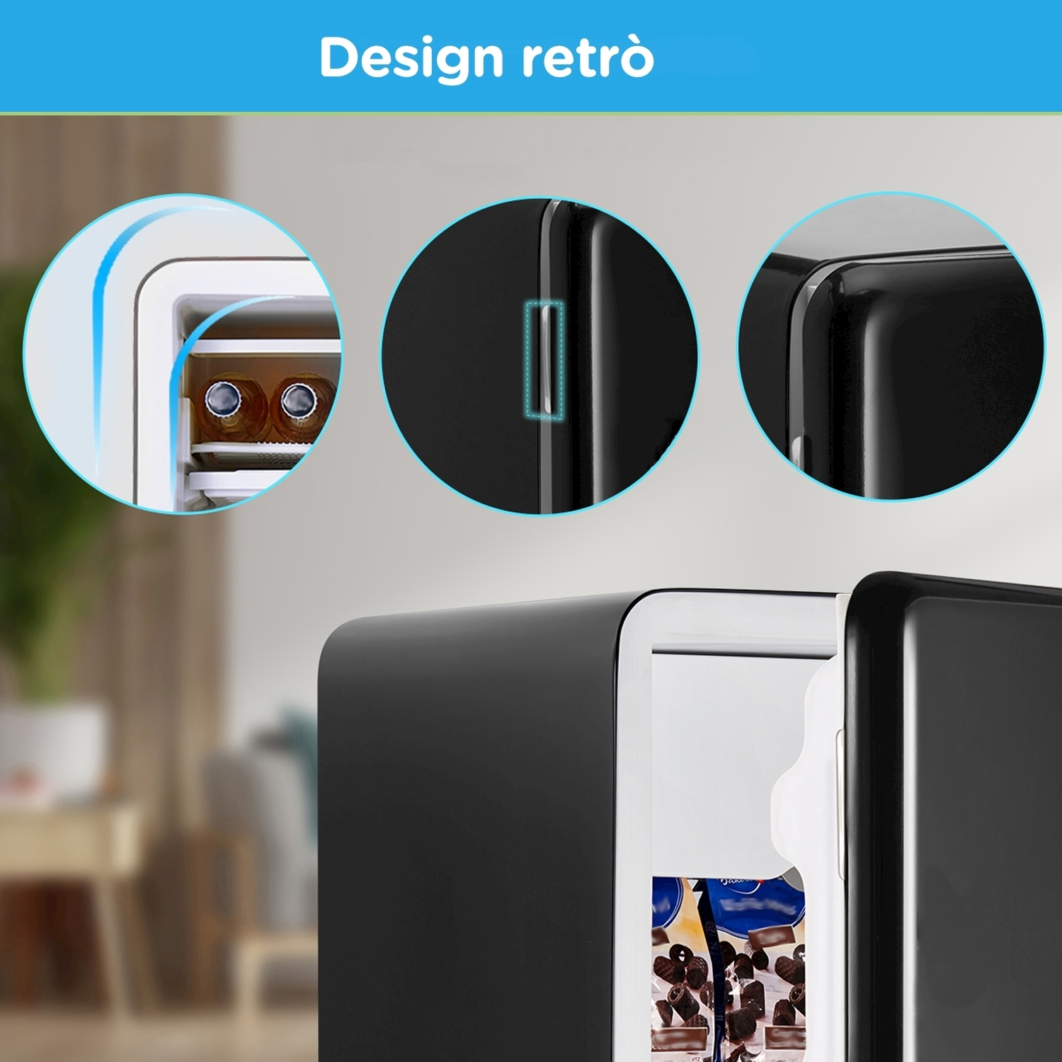 Mini frigo in stile retrò con esterno nero. Caratteristiche evidenziate con dettagli circolari.