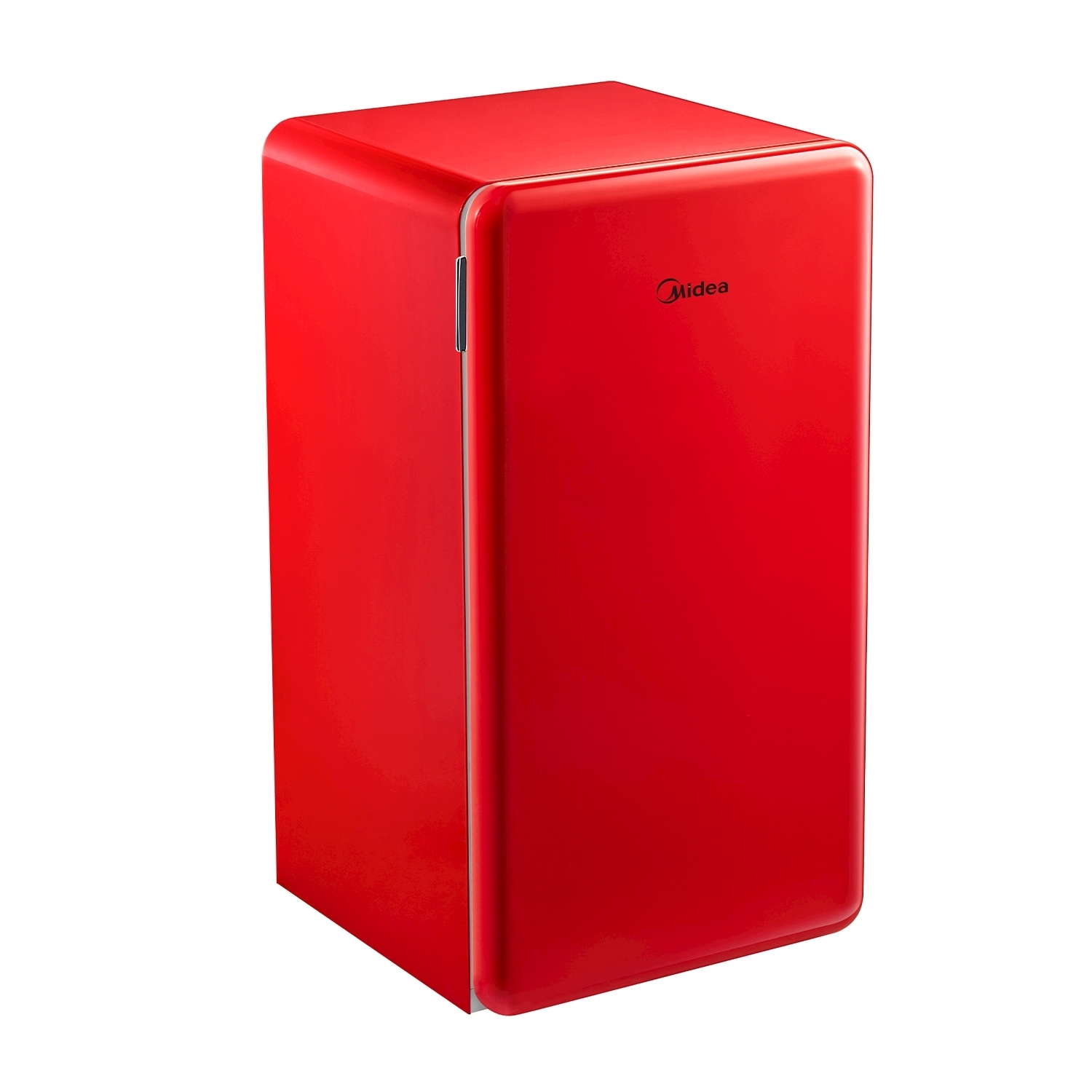 Un mini-frigorifero Midea rosso con bordi arrotondati, su sfondo bianco.