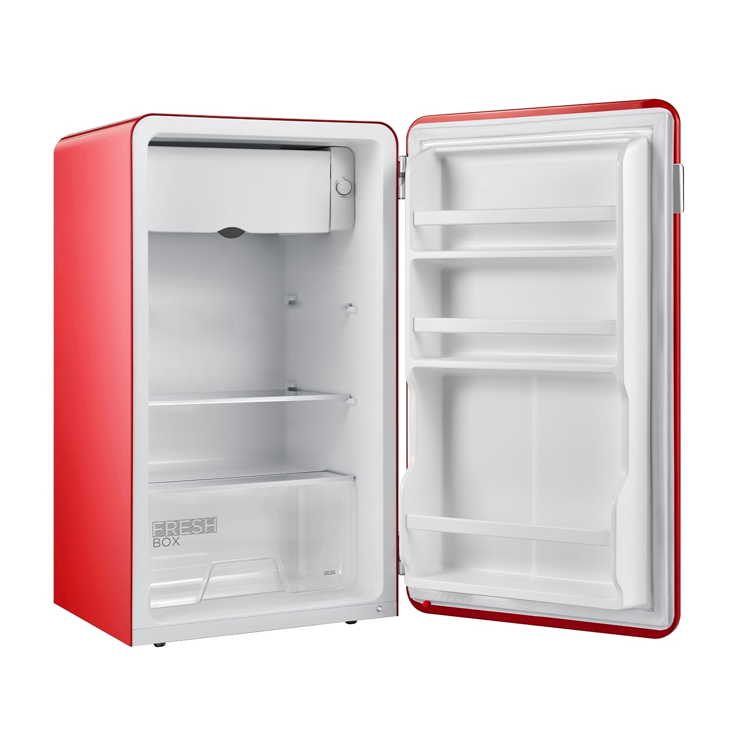 Mini frigorifero rosso con porta aperta. Ha ripiani all'interno.