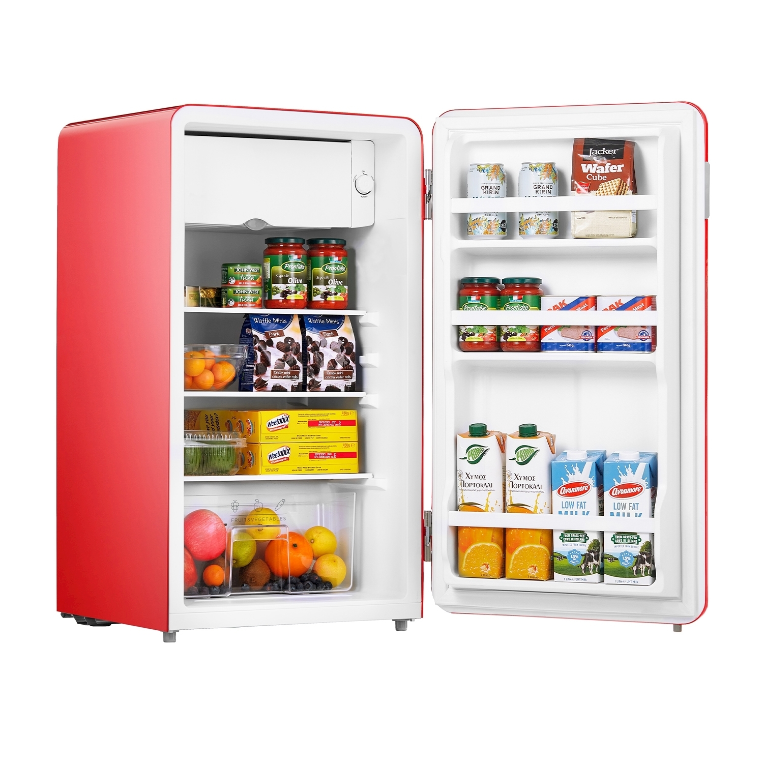 Un frigorifero rosso con la porta aperta, che mostra vari alimenti. Lo sfondo è bianco.