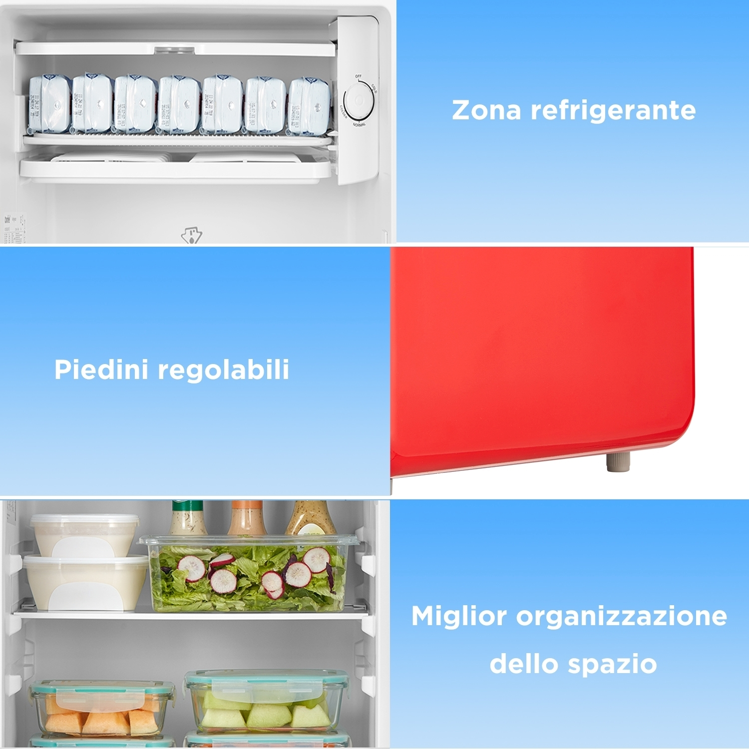 Interno del frigorifero: ripiani regolabili, oggetti visibili e interno rosso.