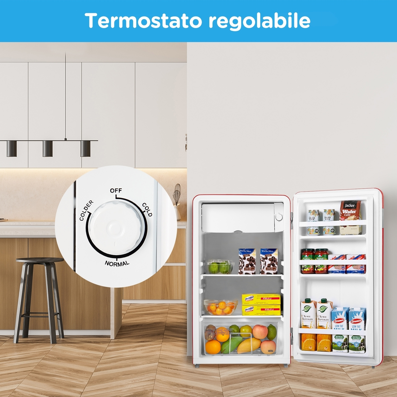Un frigorifero con termostato regolabile e cibo all'interno.