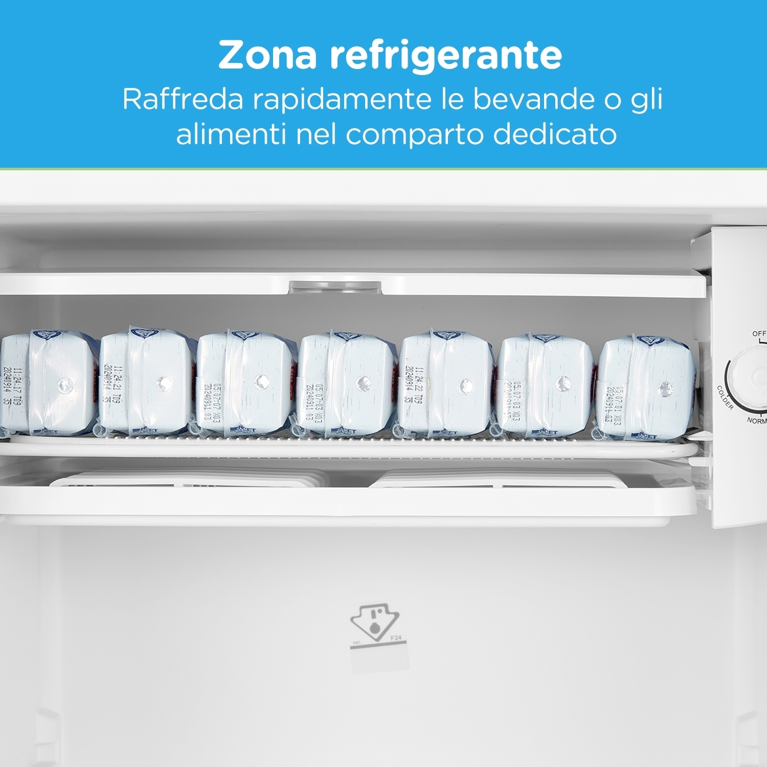 Primo piano della zona di raffreddamento di un frigorifero con latticini confezionati.
