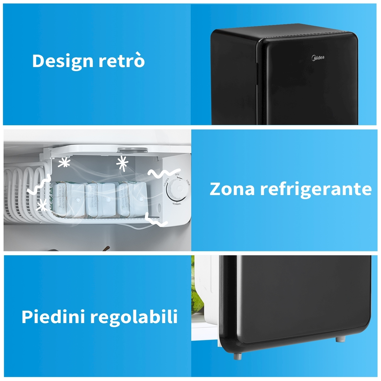 Immagine con il design e l'interno di un mini frigo retrò nero. Sfondo blu, testo in italiano.