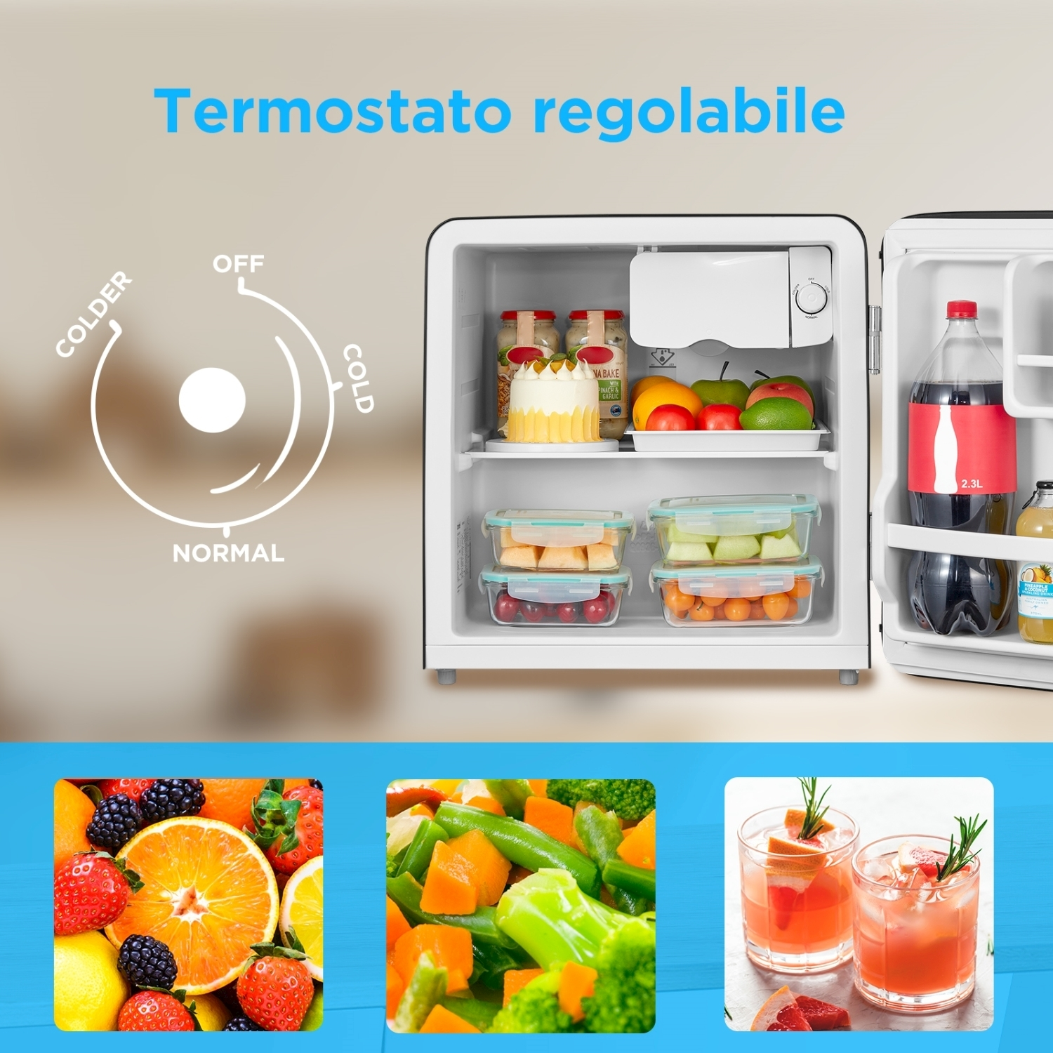 Mini-frigorifero con contenuto: cibo, bevande e un quadrante di controllo della temperatura.