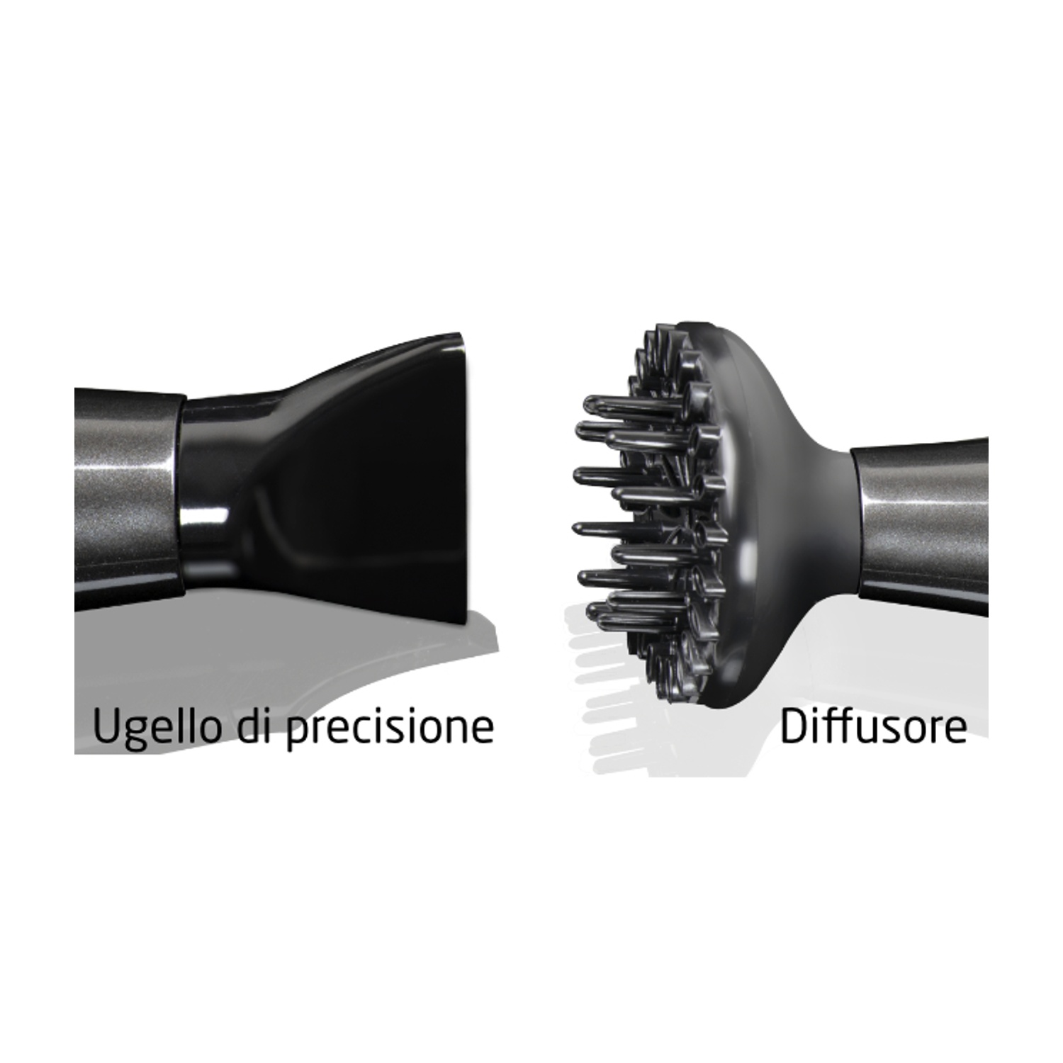 Due accessori per asciugacapelli affiancati. Uno è un beccuccio di precisione e l'altro è un diffusore.