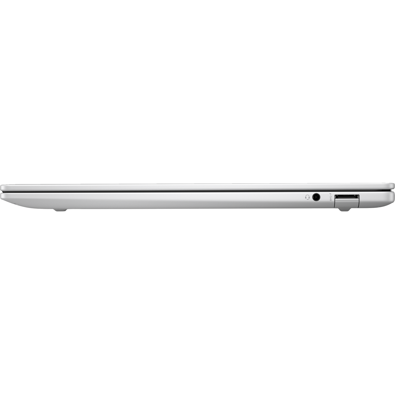 Silver laptop side view, with headphone jack, SD card slot, and ports.