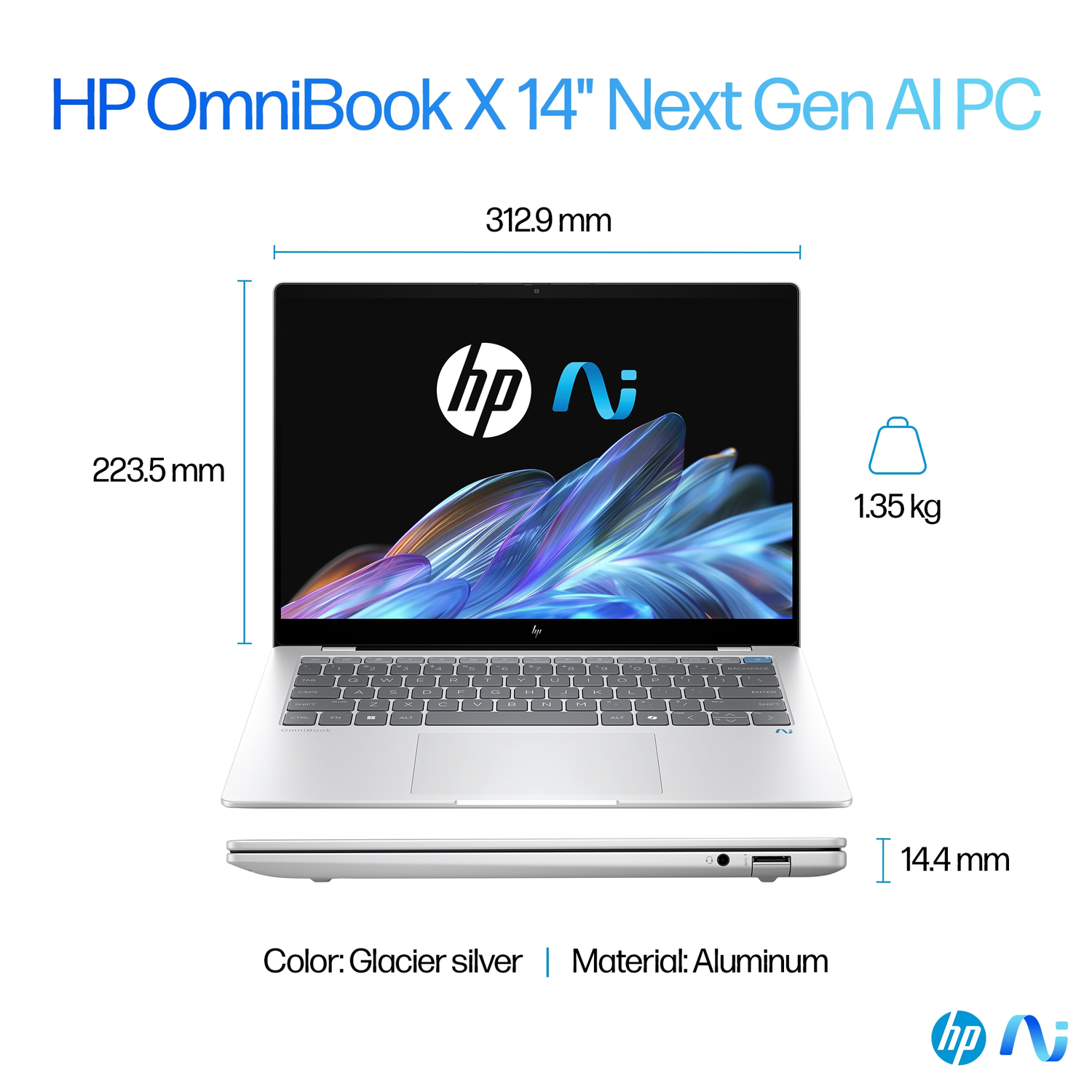 Silver laptop with dimensions and weight details: 1.35 kg, 14.4mm thick.