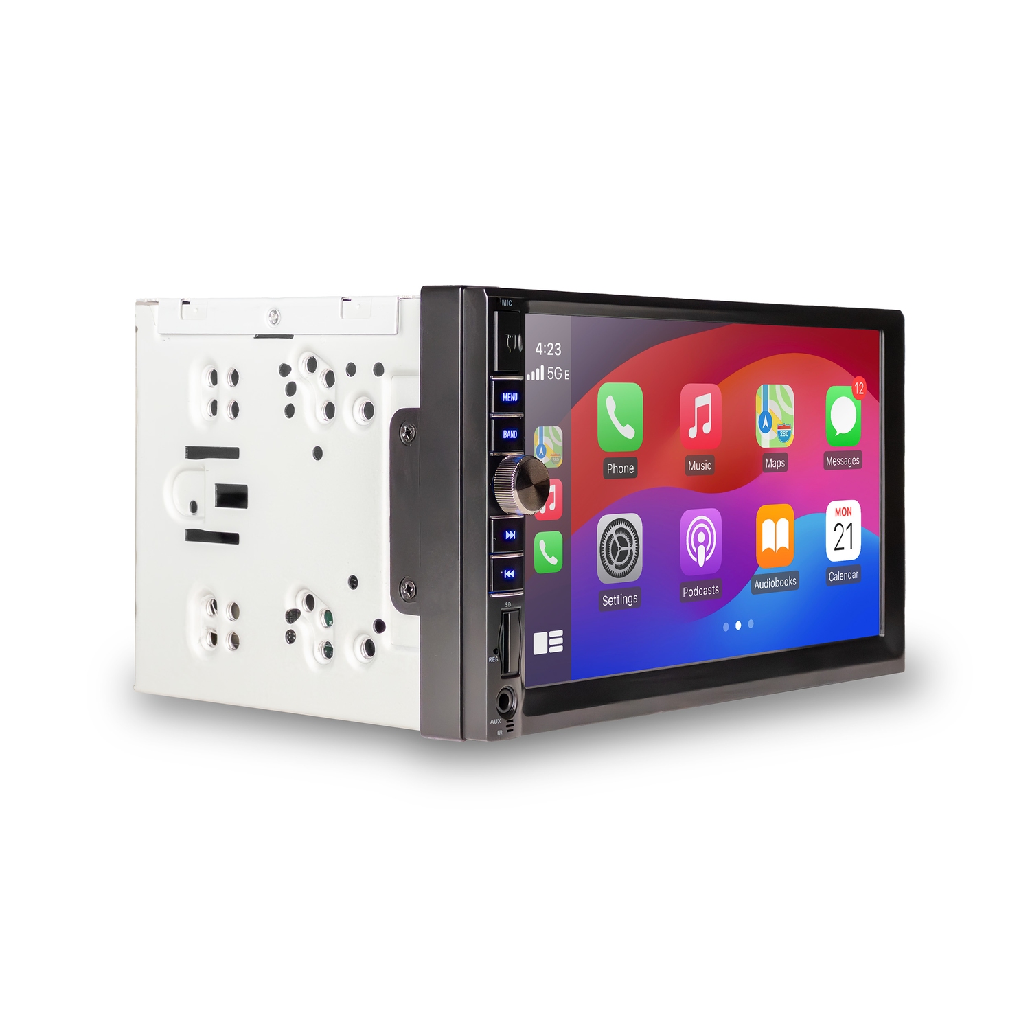A car stereo with a touch screen displaying a phone app interface.