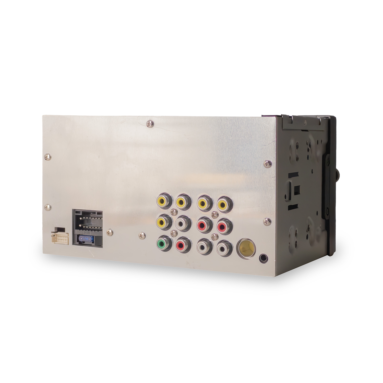 Back of a car stereo, with various input/output ports for audio and video.