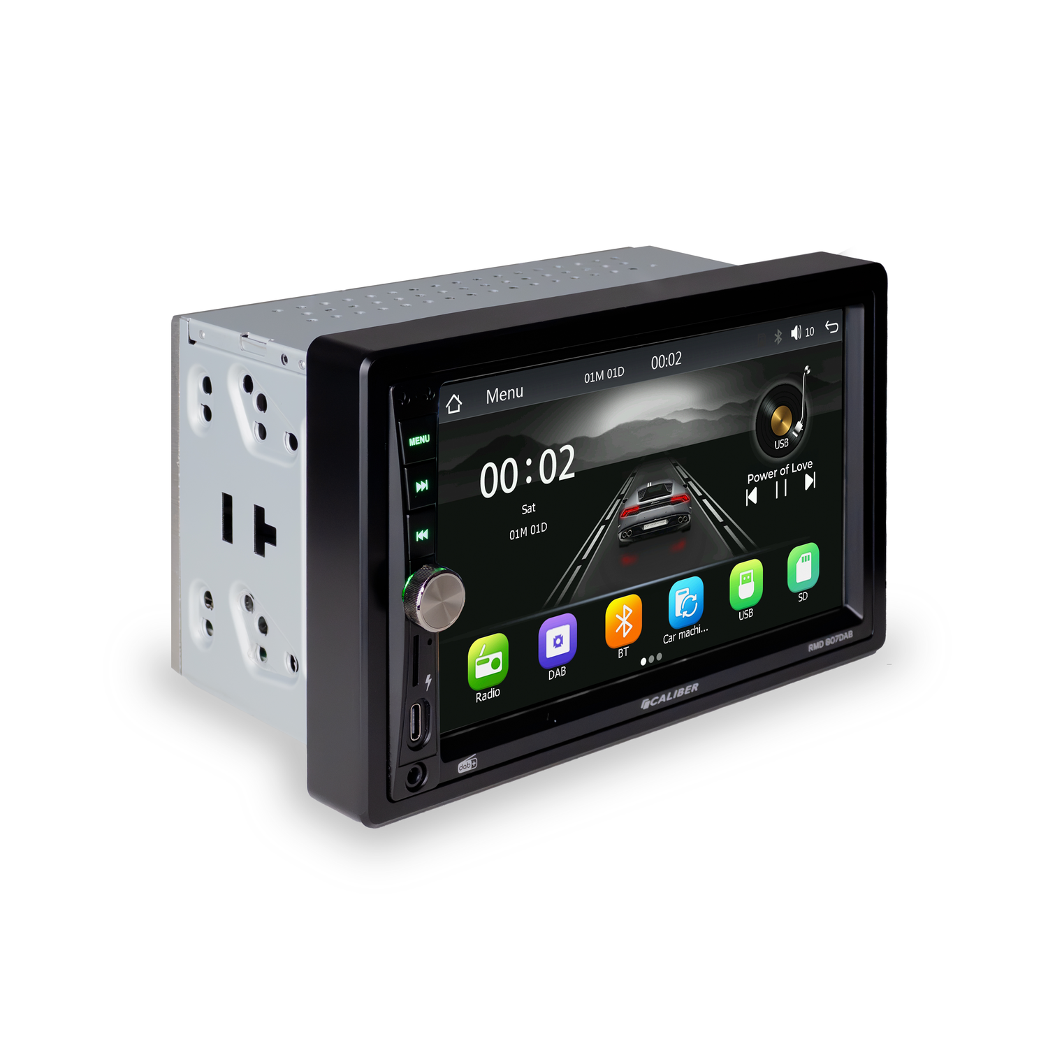 Car radio with screen, black frame, silver metal, white background.