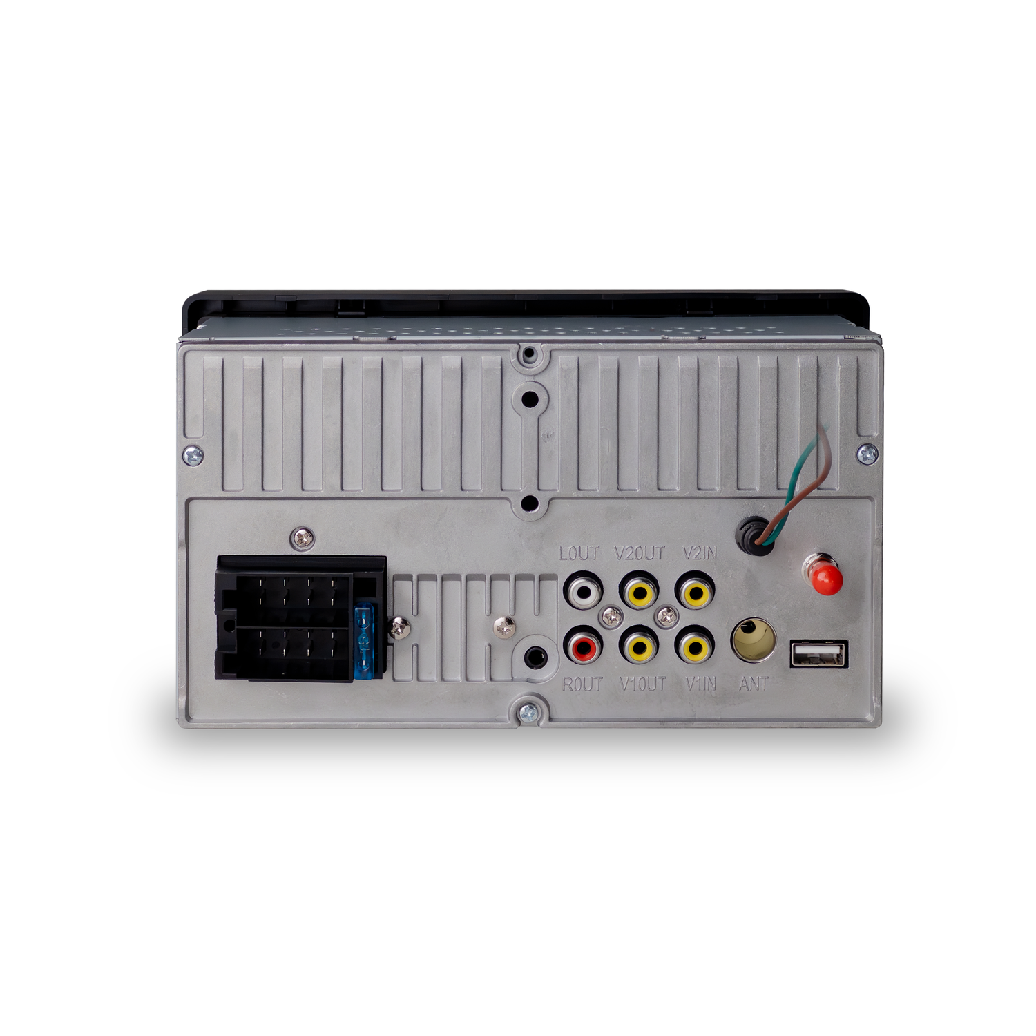 Back of a car stereo with connection ports, screws, and input/output labels.