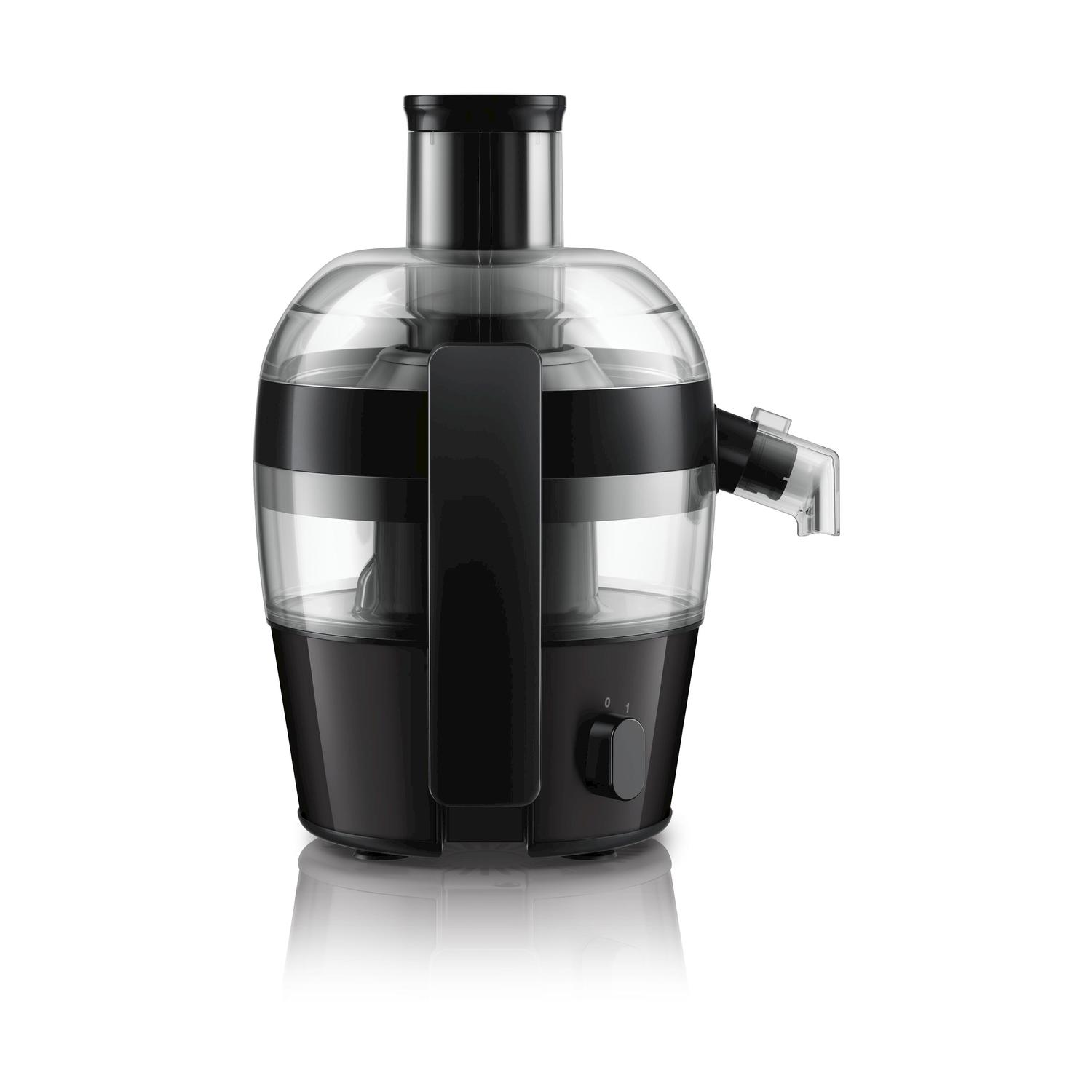 Un estrattore di succo Philips nero e trasparente su una superficie bianca, sfondo bianco.