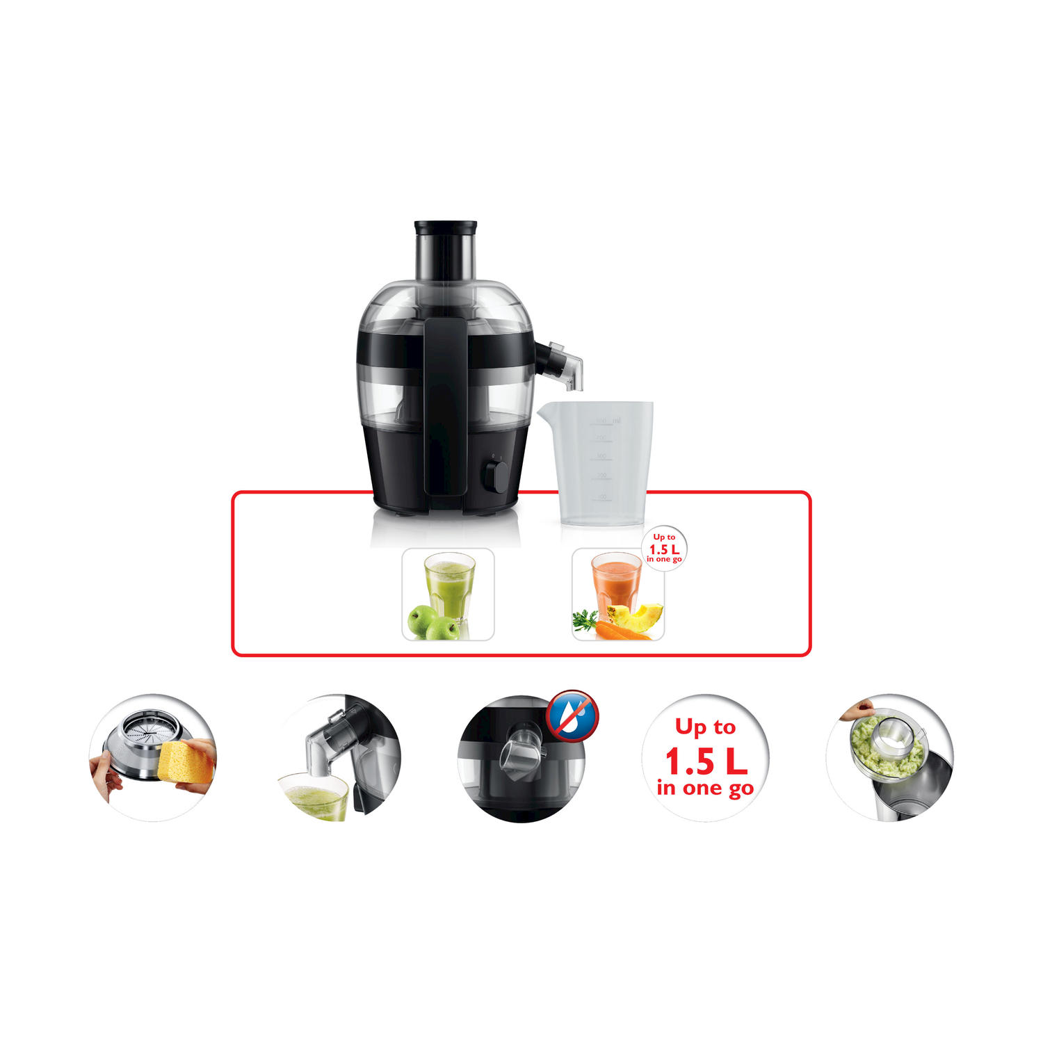 Un estrattore di succo in bianco e nero con un misurino bianco. Grafici mostrano bicchieri di succo.