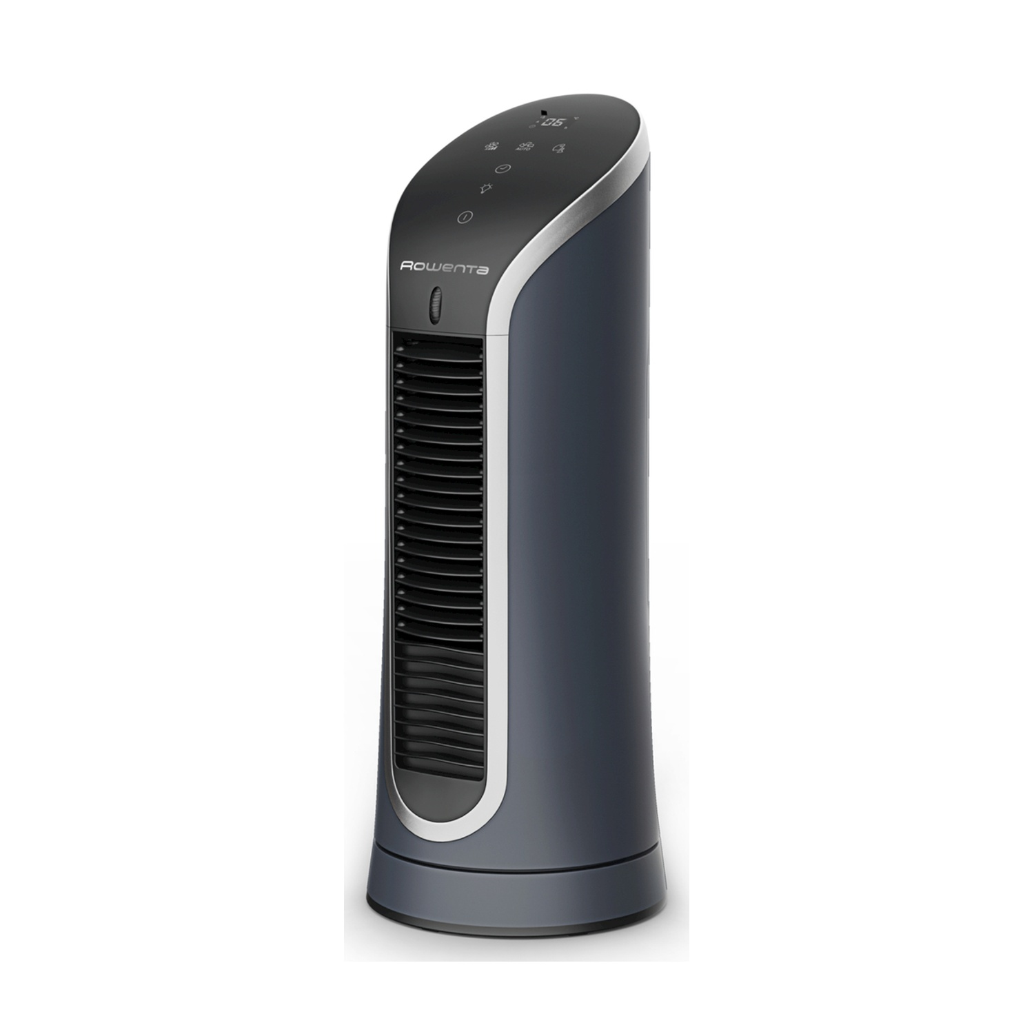 Un ventilatore a torre grigio e nero con il logo Rowenta e display digitale.