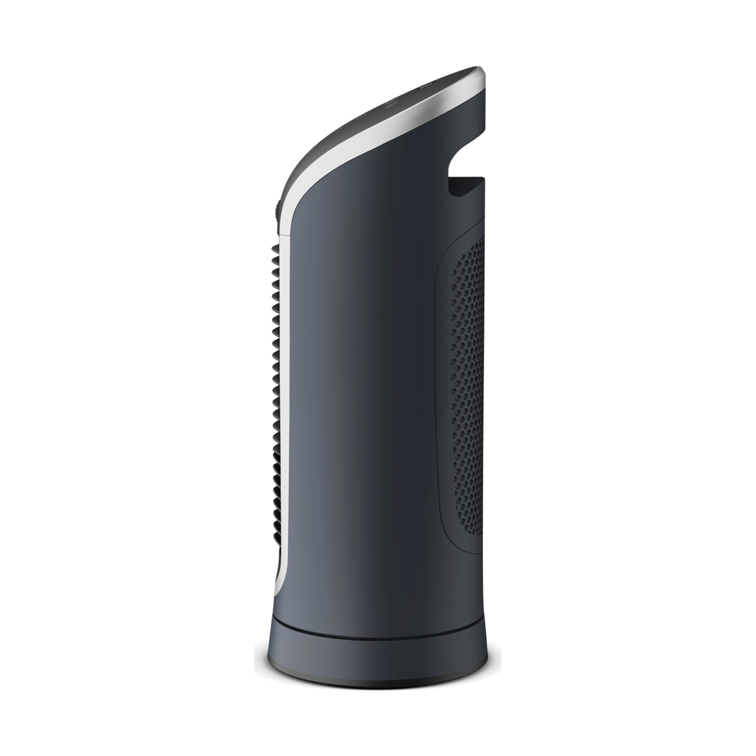 Un purificatore d'aria grigio scuro dal design aerodinamico, visto lateralmente.